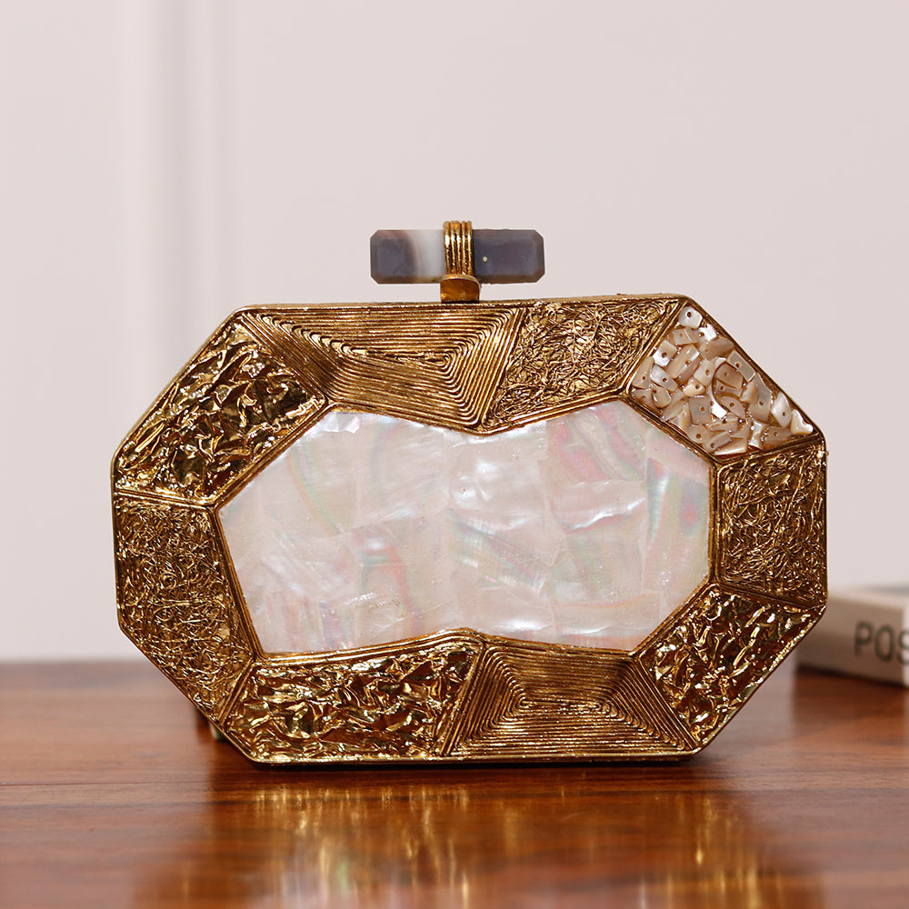 THE TAN CLAN Inaayat Brass Mother of Pearl Clutch
