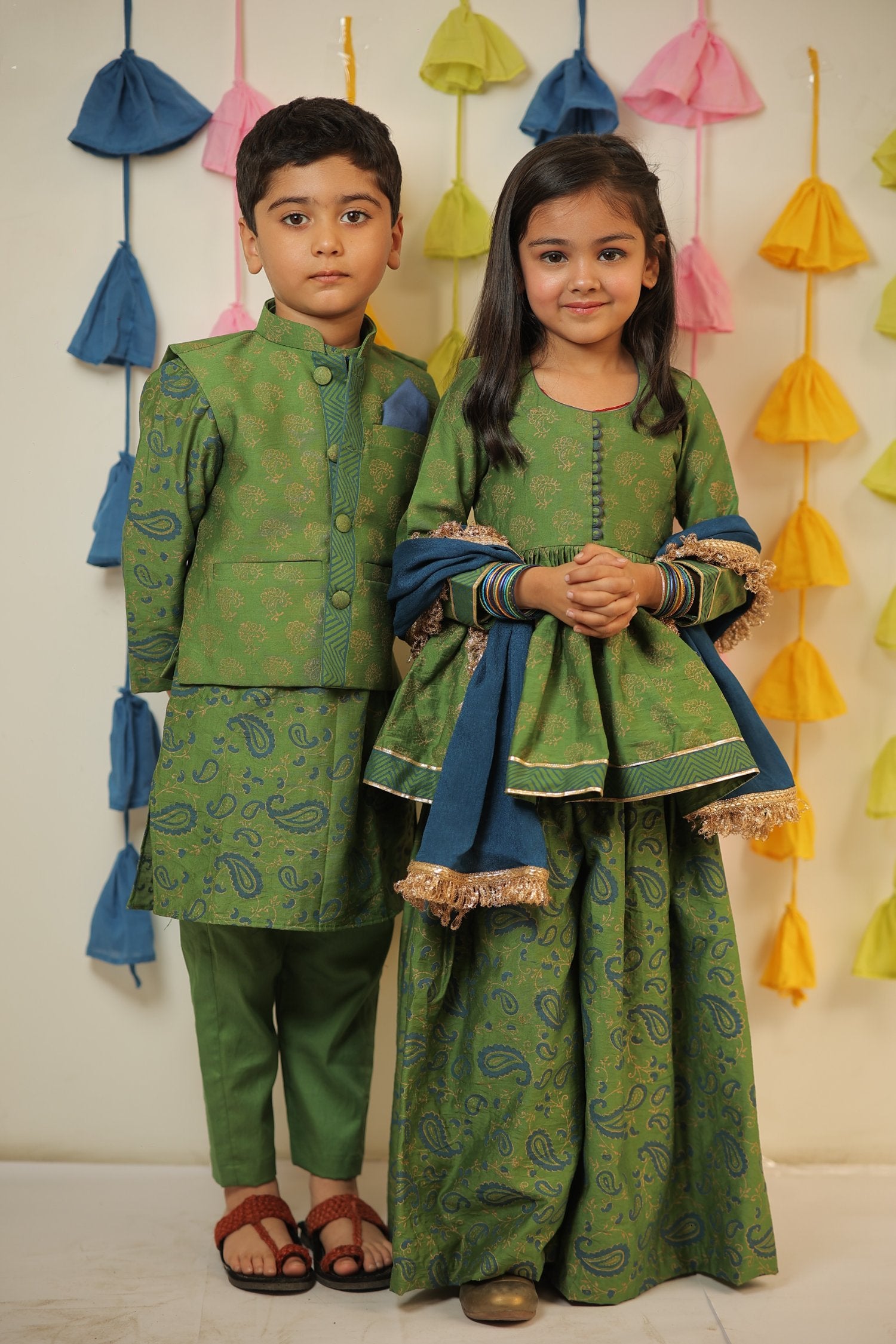 Green Block Printed Kurta With Sharara And Dupatta Set