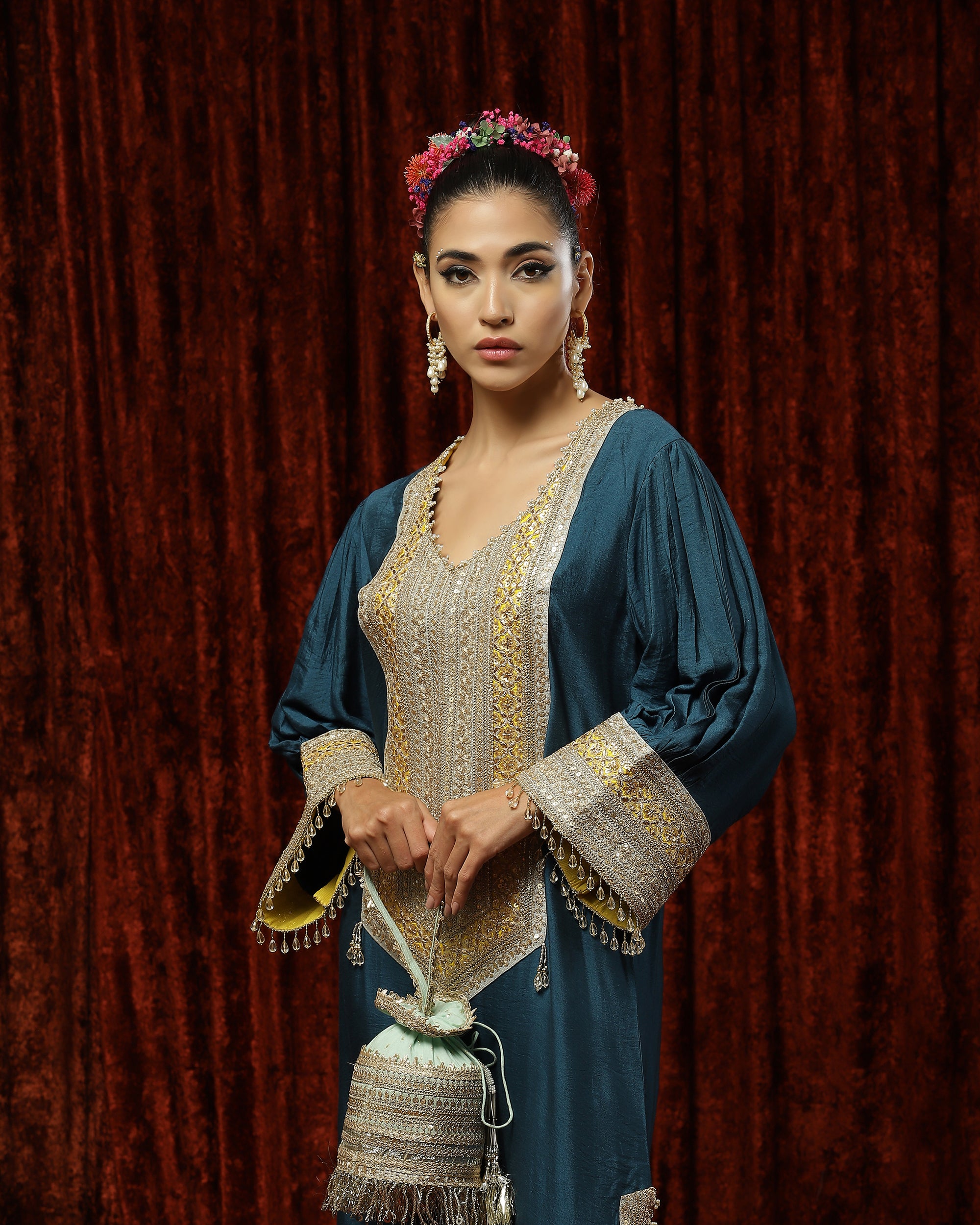 Peacock Blue, Lomon Yellow & Gray Kurta Kaftan