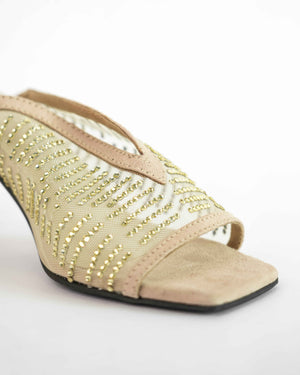 Gold Open Toe Shark Net Studed Heels