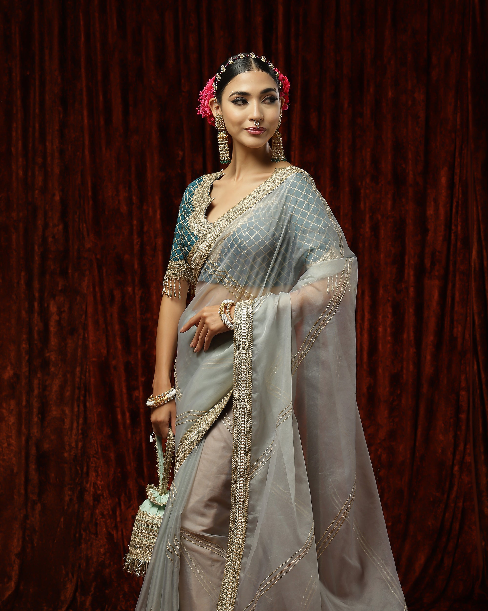 Dusty blue & Cobalt blue Saree & Blouse Set