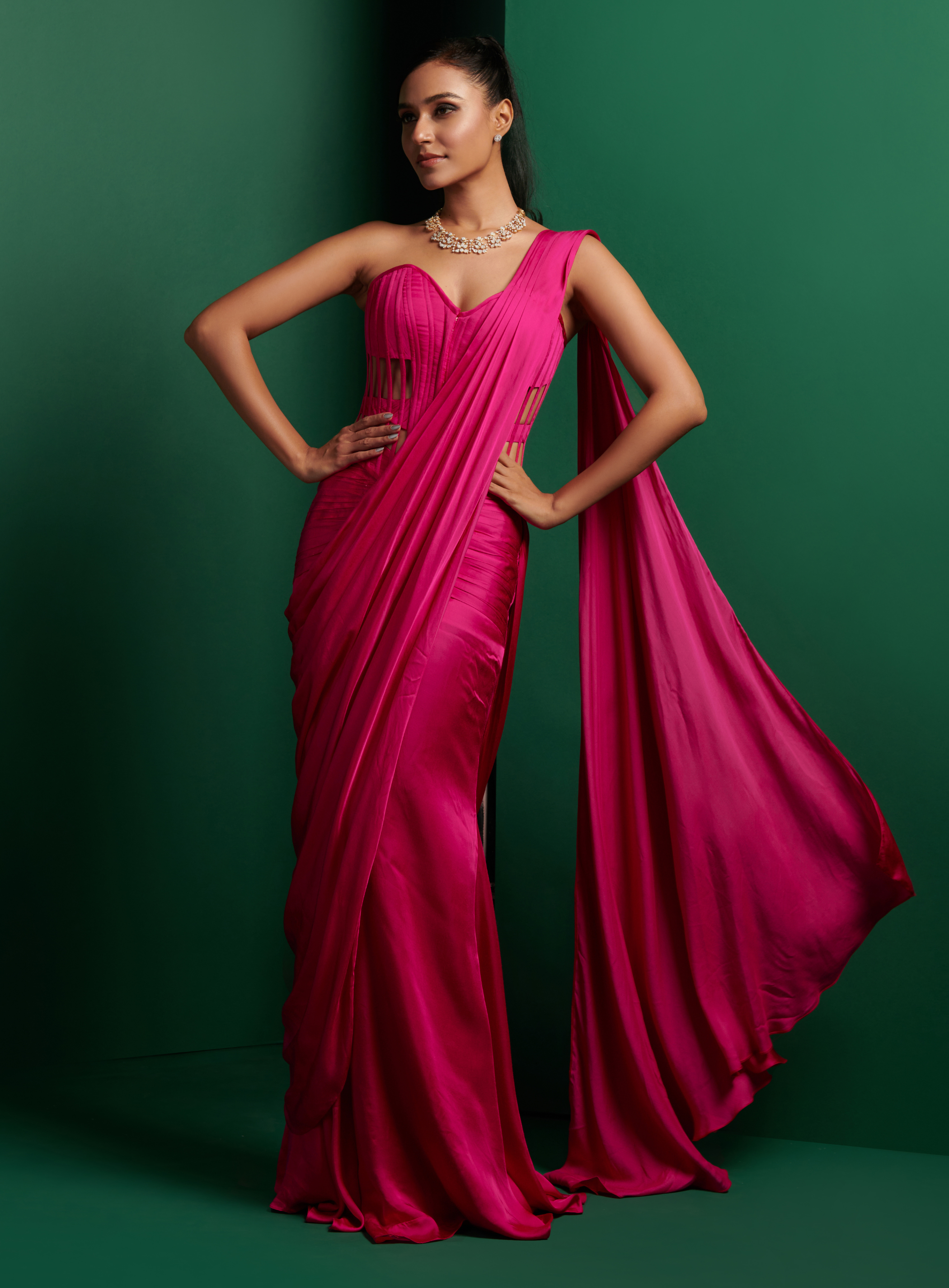 Hot Pink Longline Cutout Torso Corset With Drape Saree