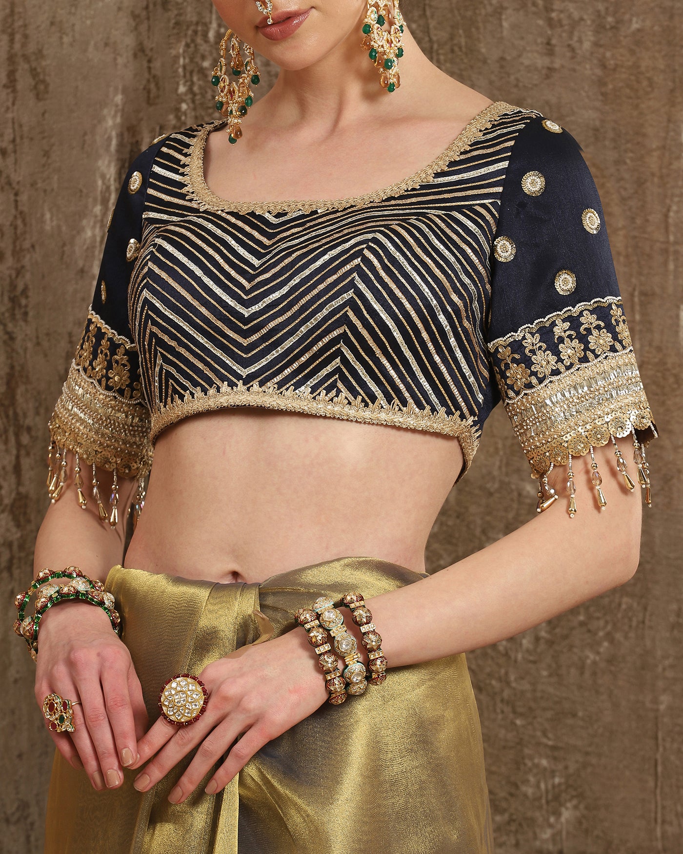 Navy Blue & Golden Metallic Tissue Saree & Blouse Set