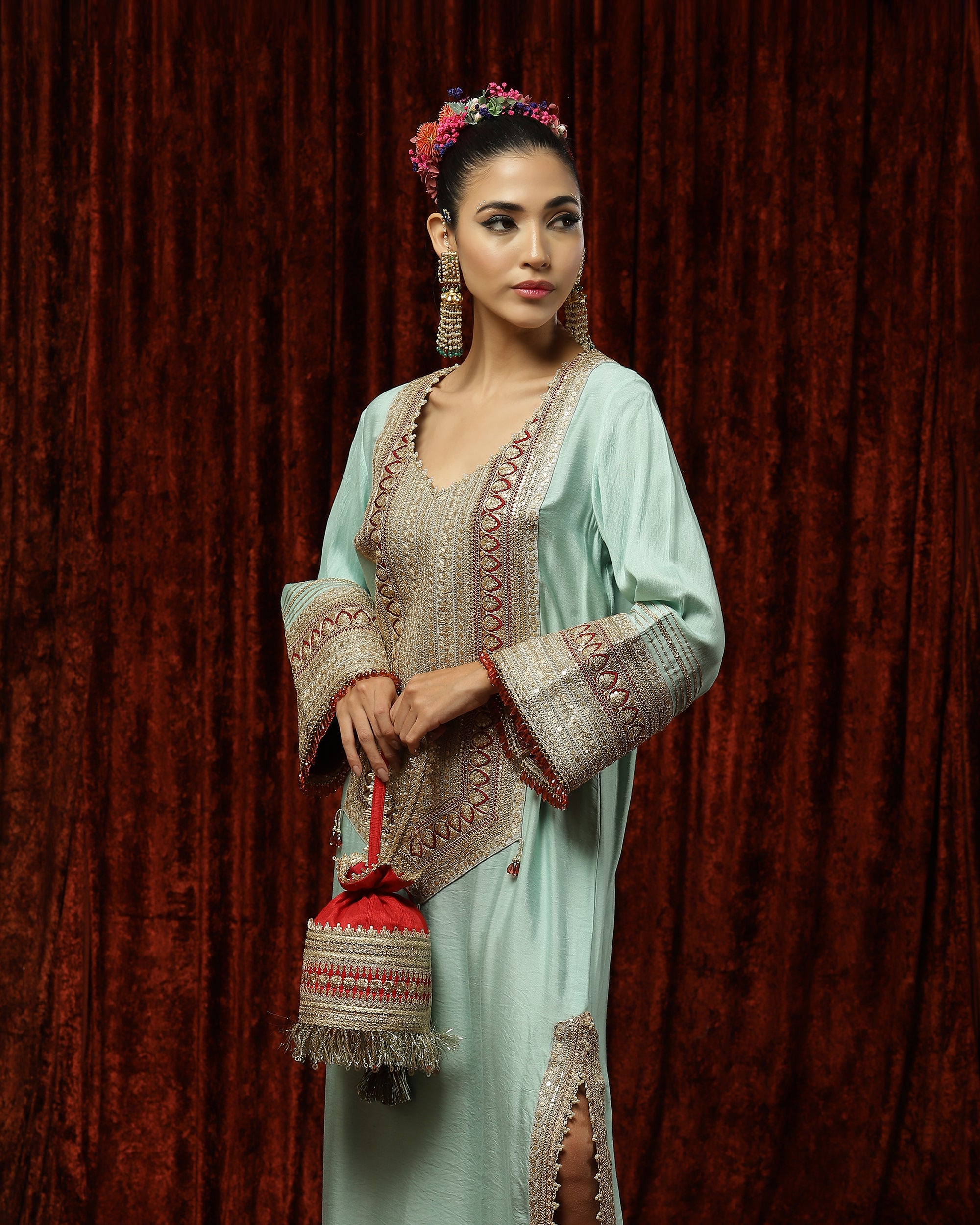 Sea Green & Maroon Kurta Kaftan
