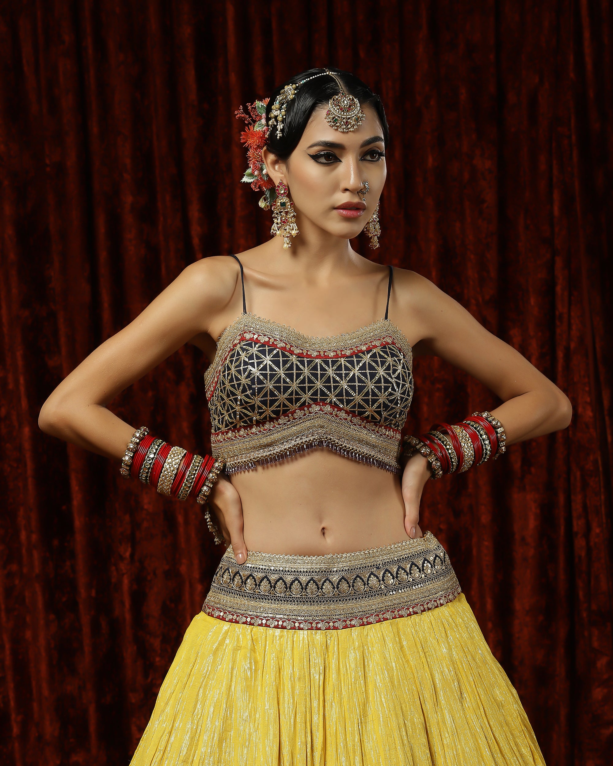 Yellow, Navy Blue & Maroon Crinkle Gota Lehenga Set