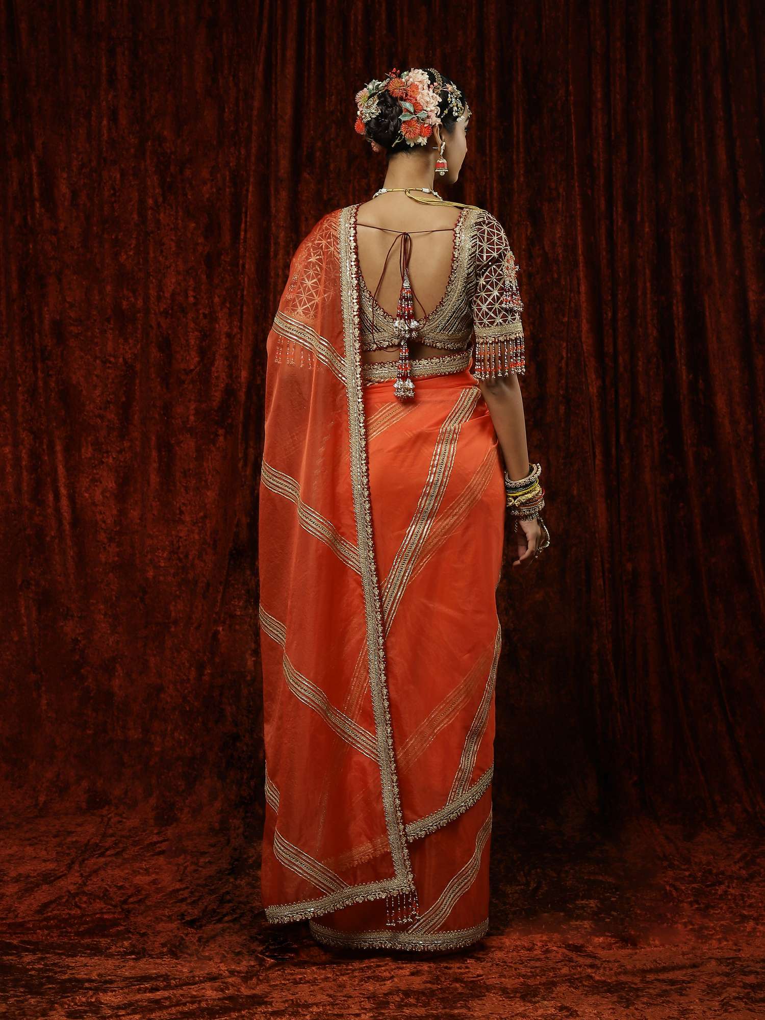 Orange & Maroon Organza Gota Leheriya Saree & Blouse Set