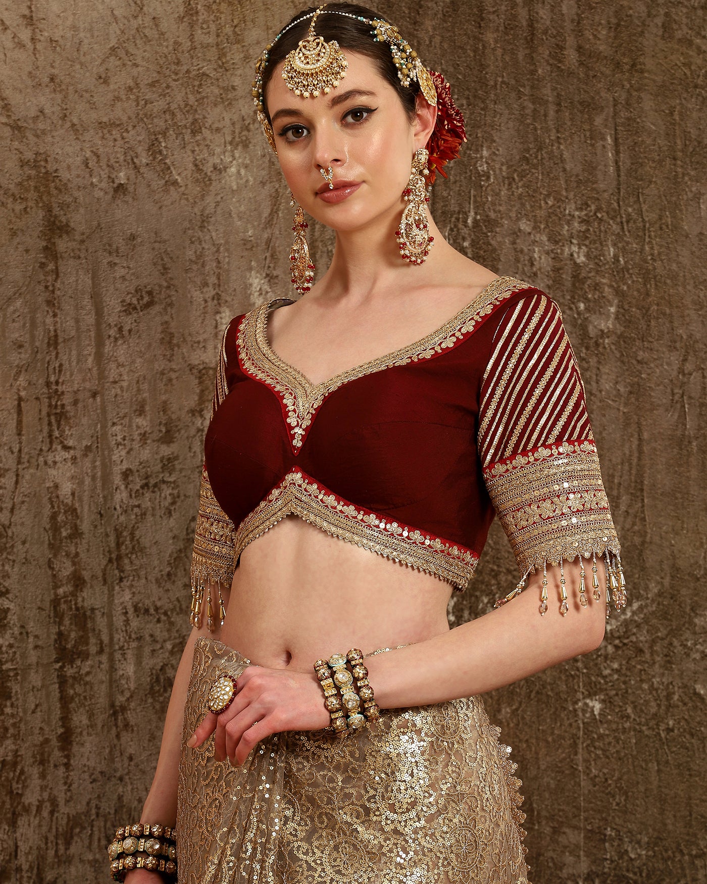 Golden & Maroon Saree & Blouse Set