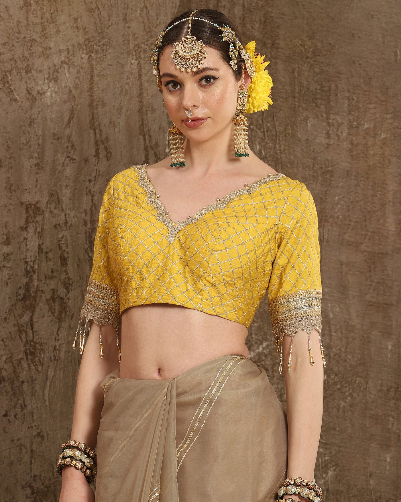 Yellow & Mouse Saree & Blouse Set