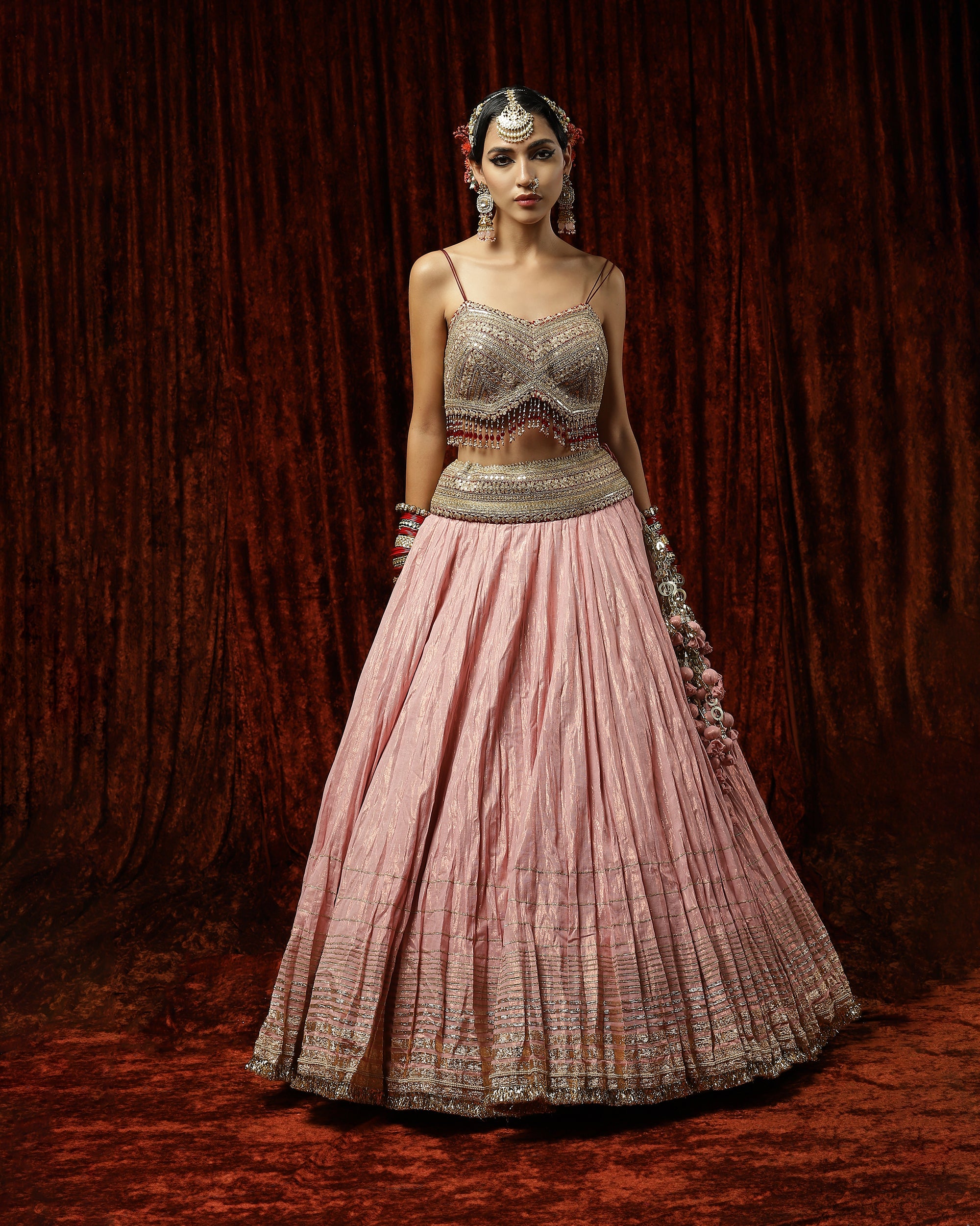 Salmon Pink & Maroon Crinkle Gota Lehenga Set