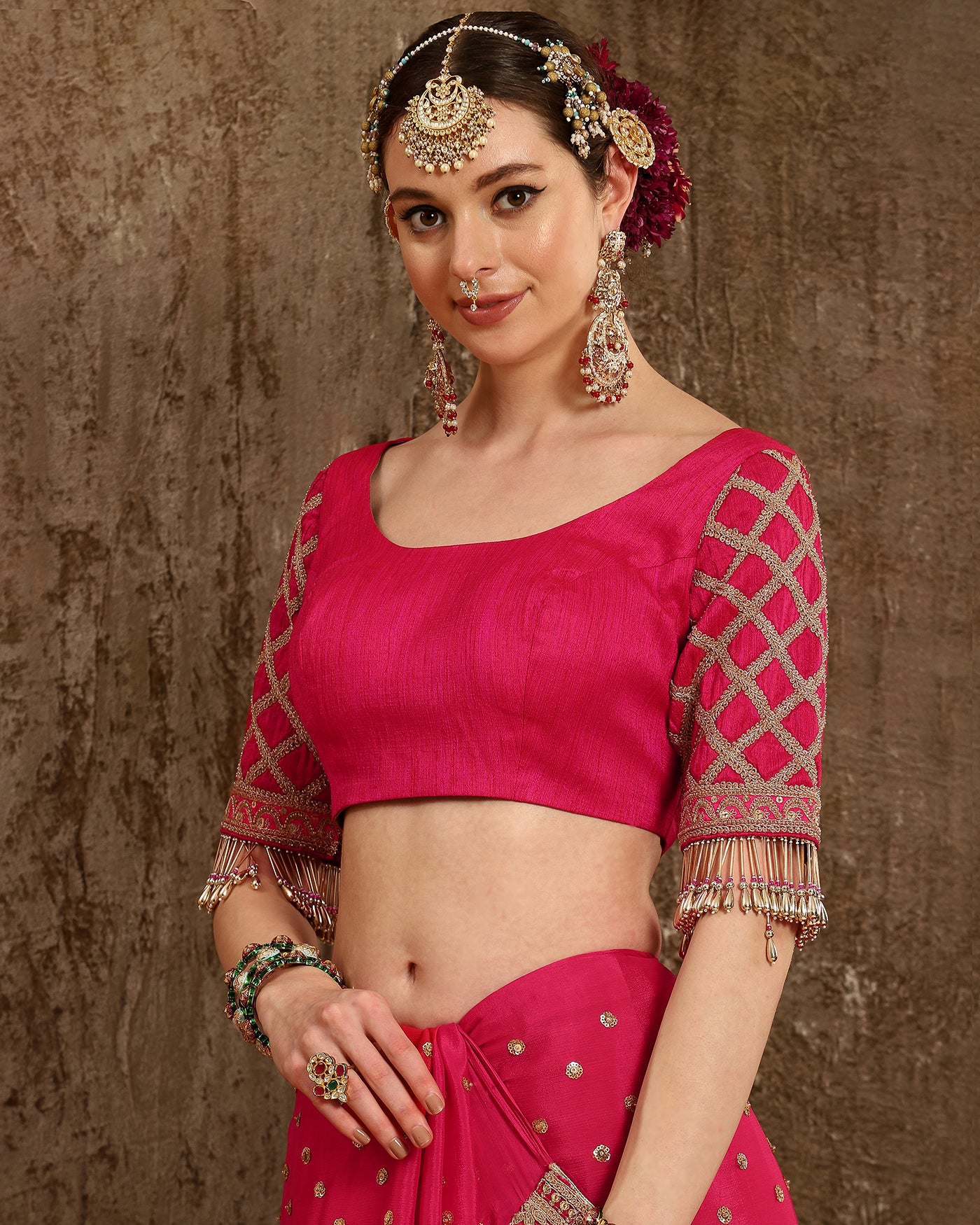 Fuchsia Pink Chinon Saree Saree & Blouse Set