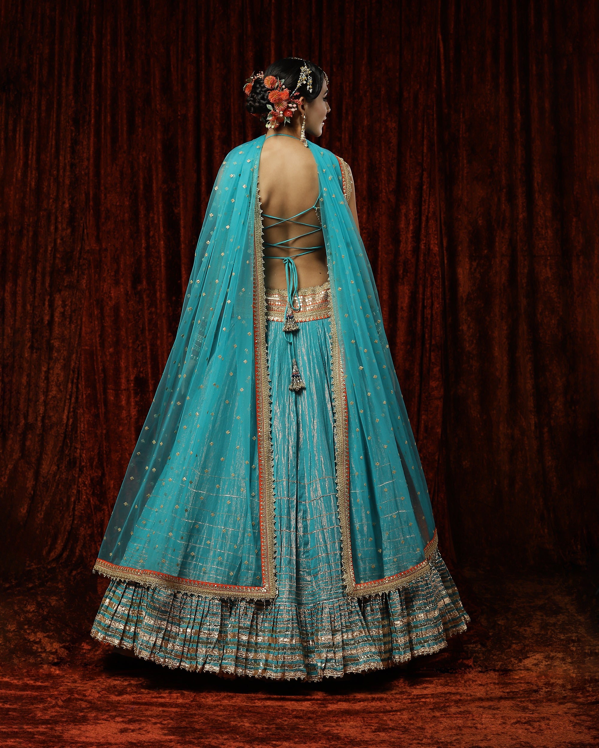 Firozi & Orange Crinkle Gota Lehenga Set