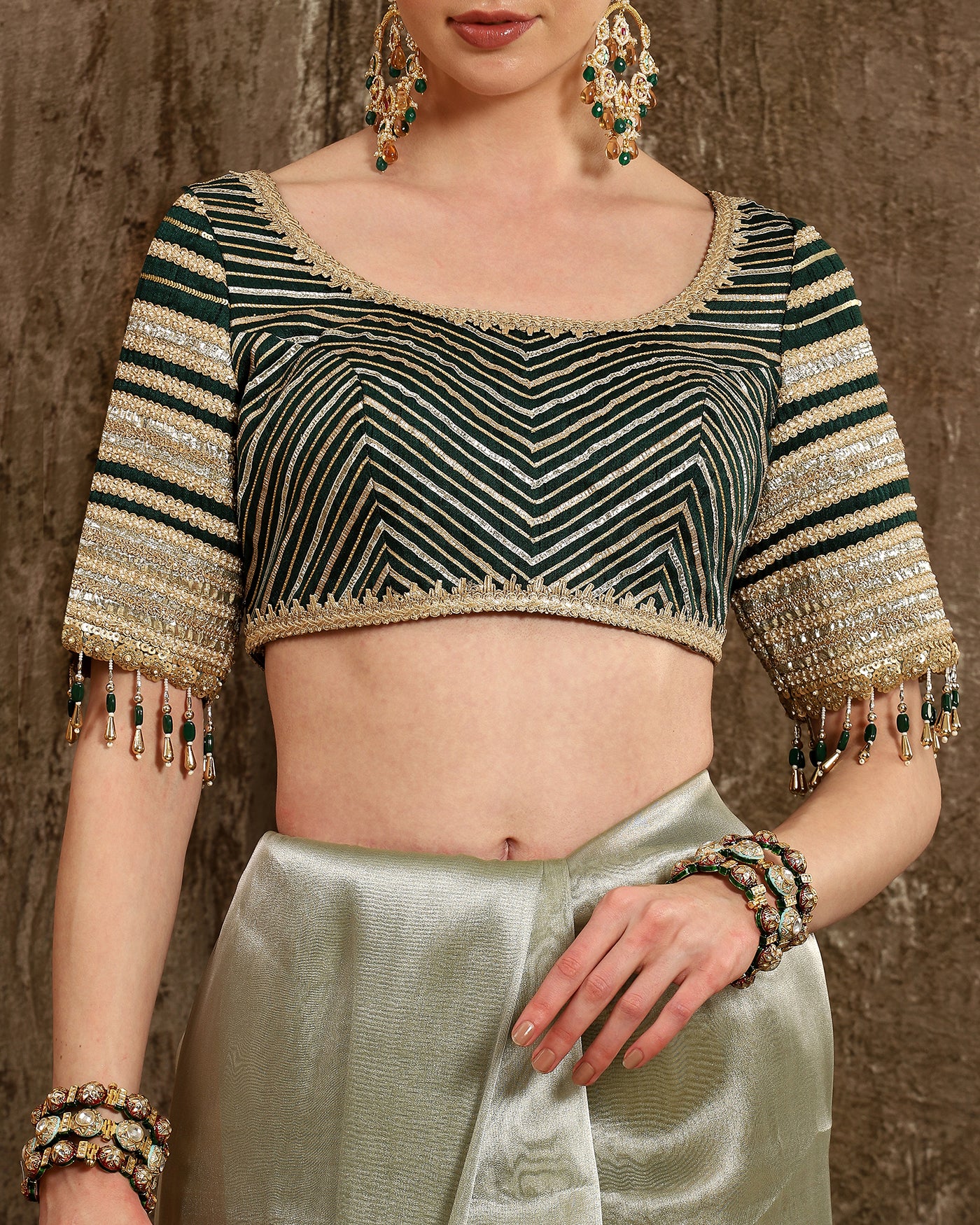 Emerald Green & Gray Metallic Tissue Saree & Blouse Set