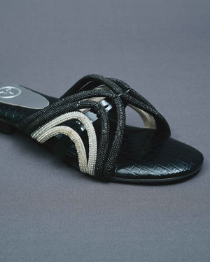 Open Toe Faux Leather Black Gema Flats