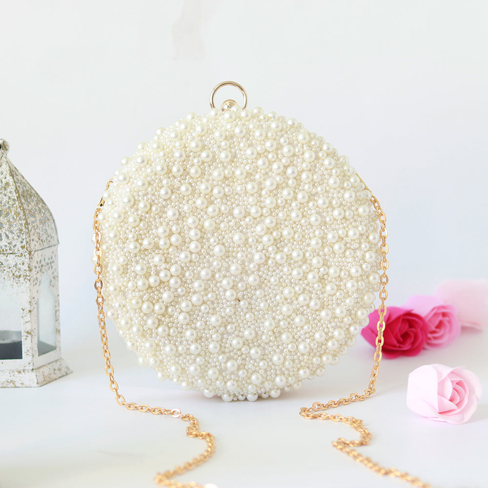 THE TAN CLAN Gauhar All White Pearl Hand Embroidered Clutch