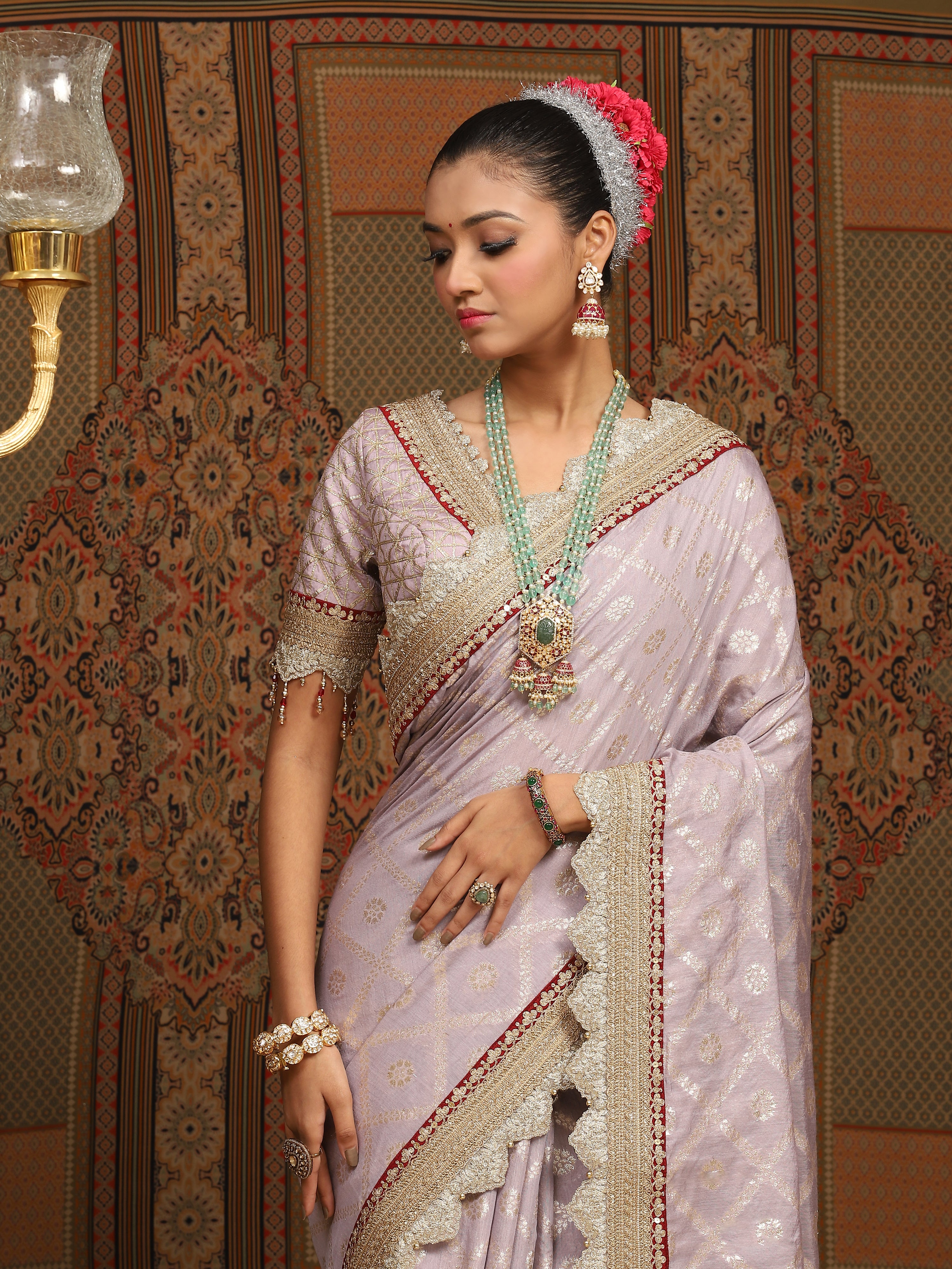 Lavender And Maroon Saree & Blouse Set