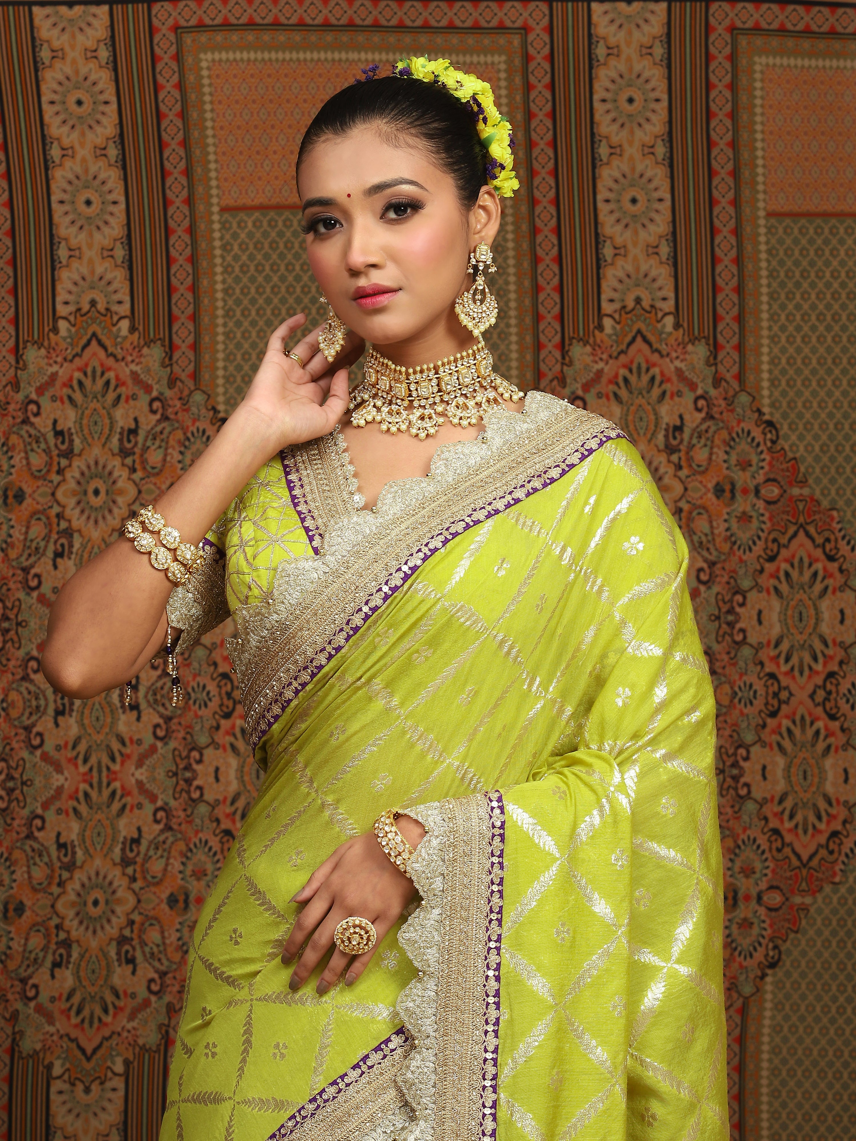 Lemon Green And Purple Saree & Blouse Set