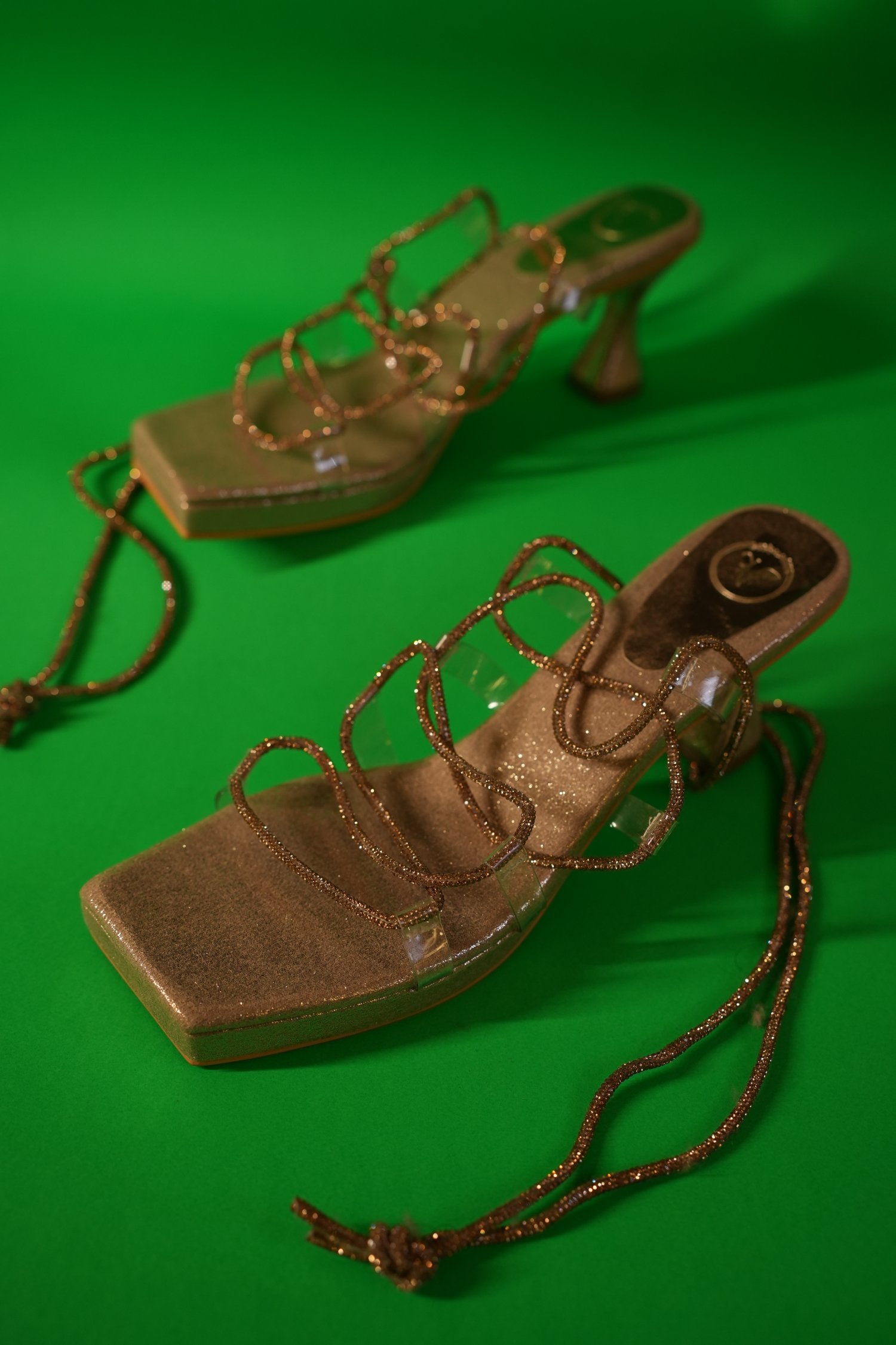 Champagne Gold Stringy Shoe Lace Elevated Heel Sandal