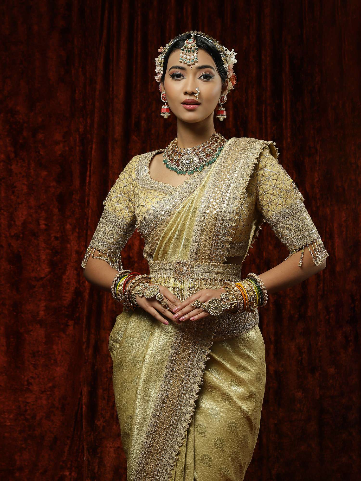 Golden Banarasi Saree, Blouse Belt Set – AGASHE