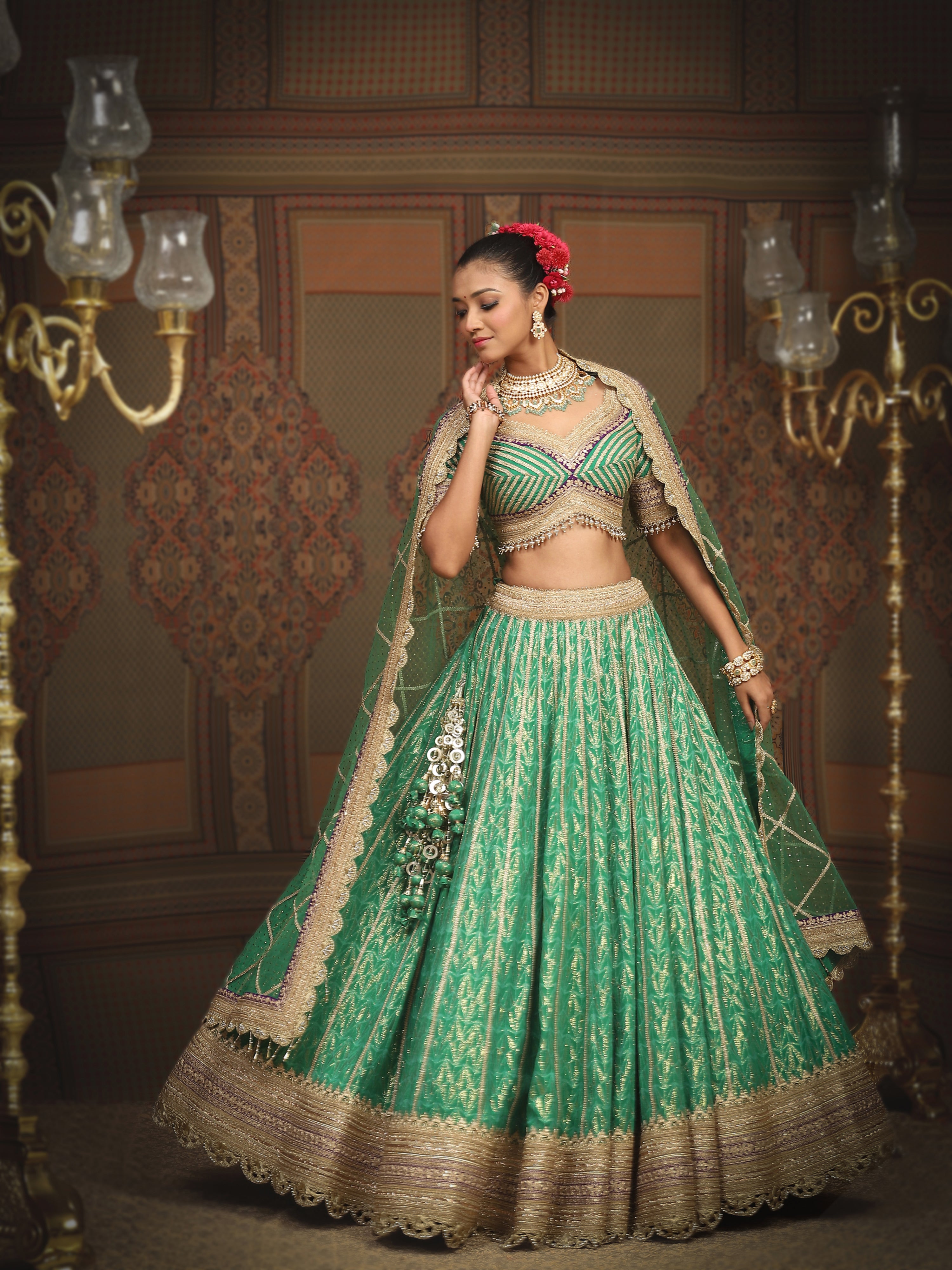 Green And Purple Lehenga Set