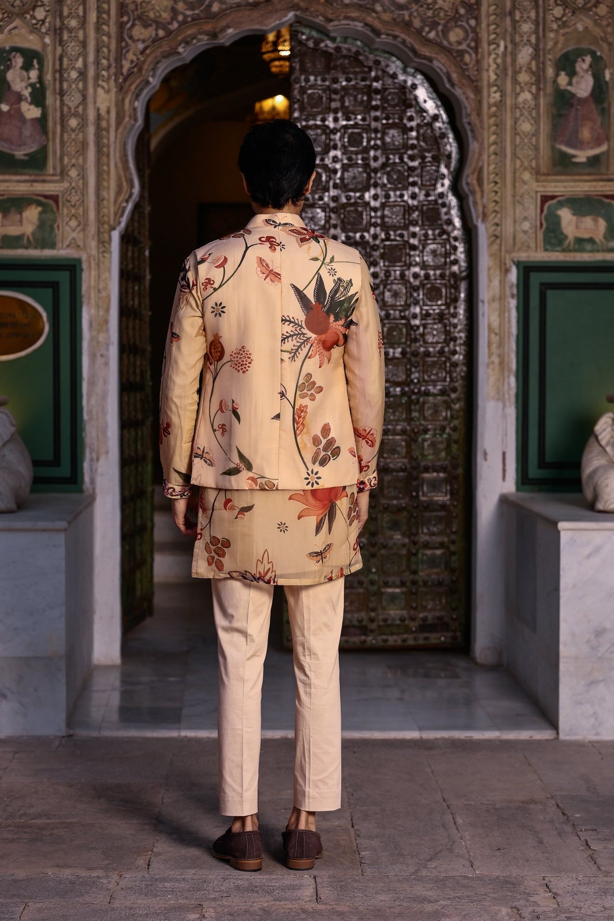 Highlighted Bundi Printed Kurta With Work On Cuff & Purtin Streight Beige Pant