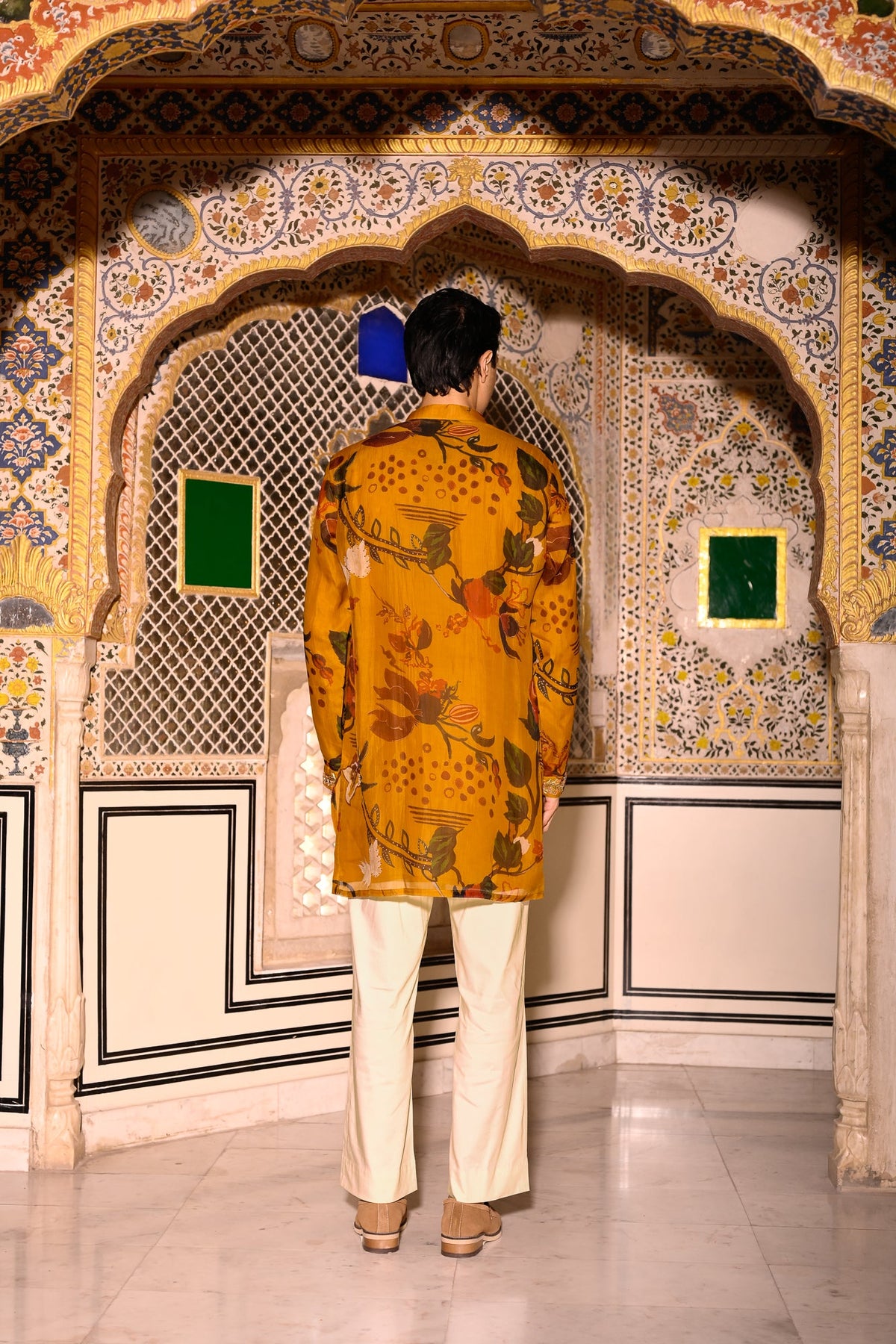 Printed Organza Kurta With Purtin & Purtin Work & Beige Flair Pant