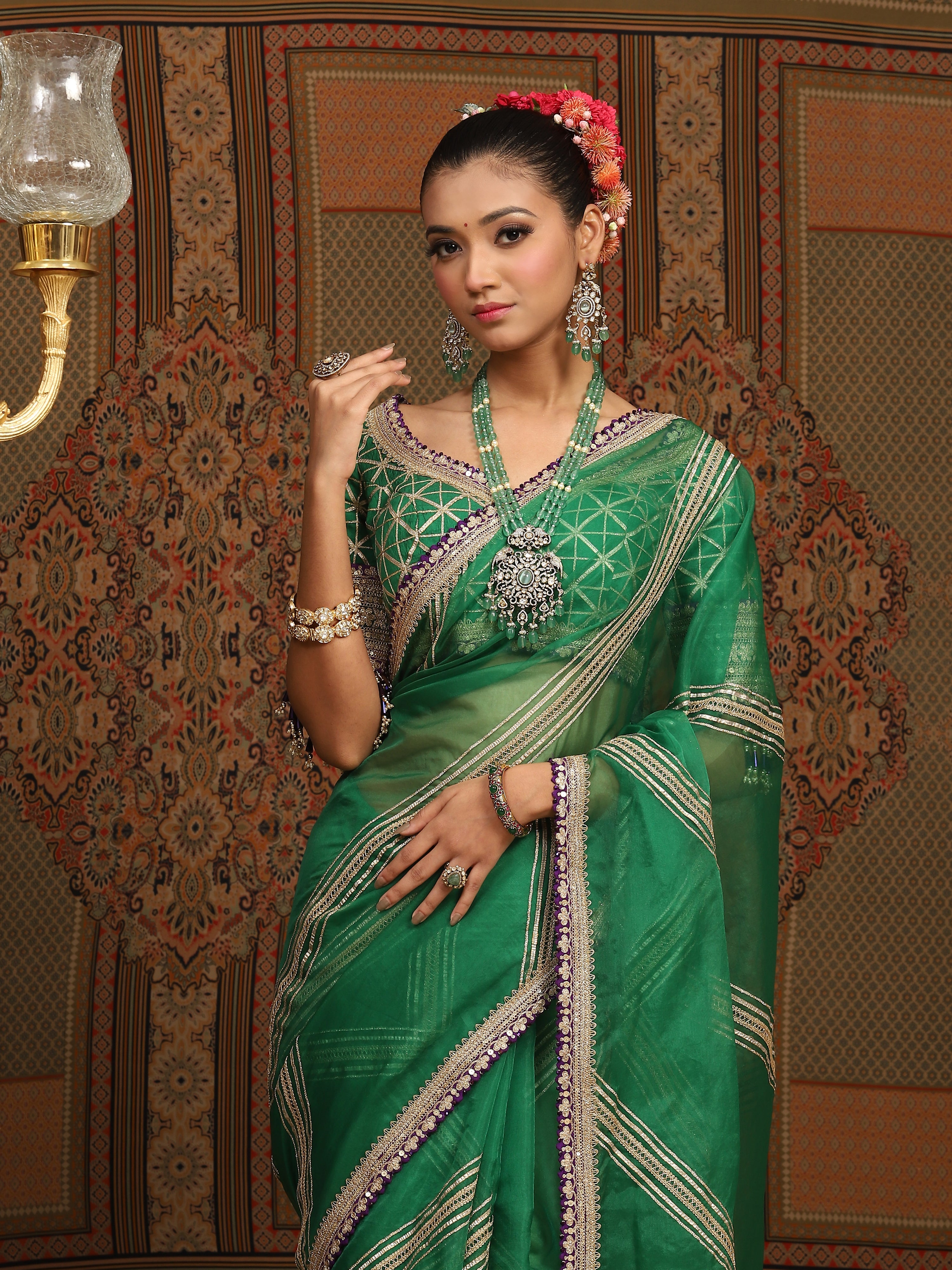 Emerald Green An Purple Saree & Blouse Set