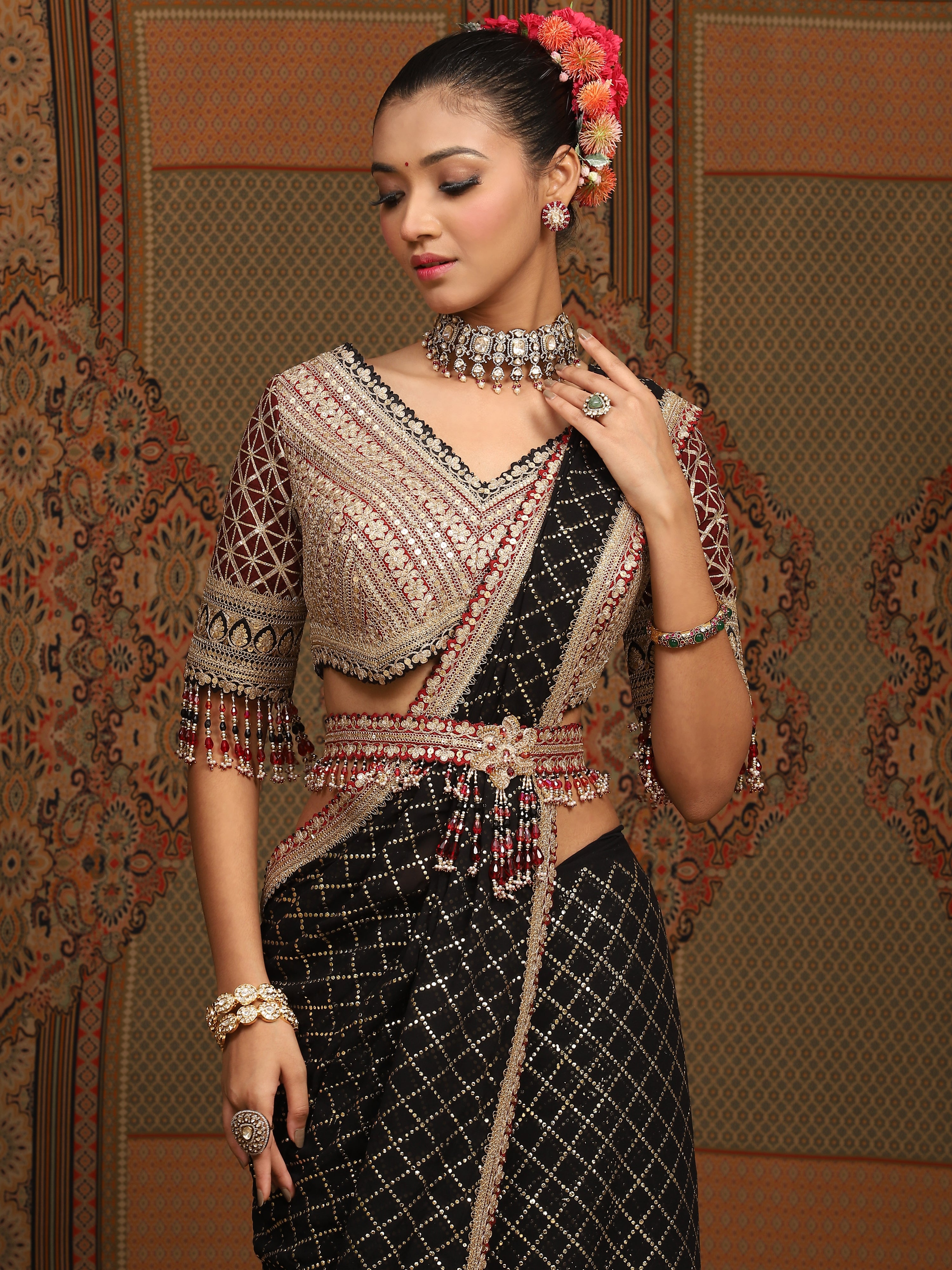 Black And Maroon Saree & Blouse Set