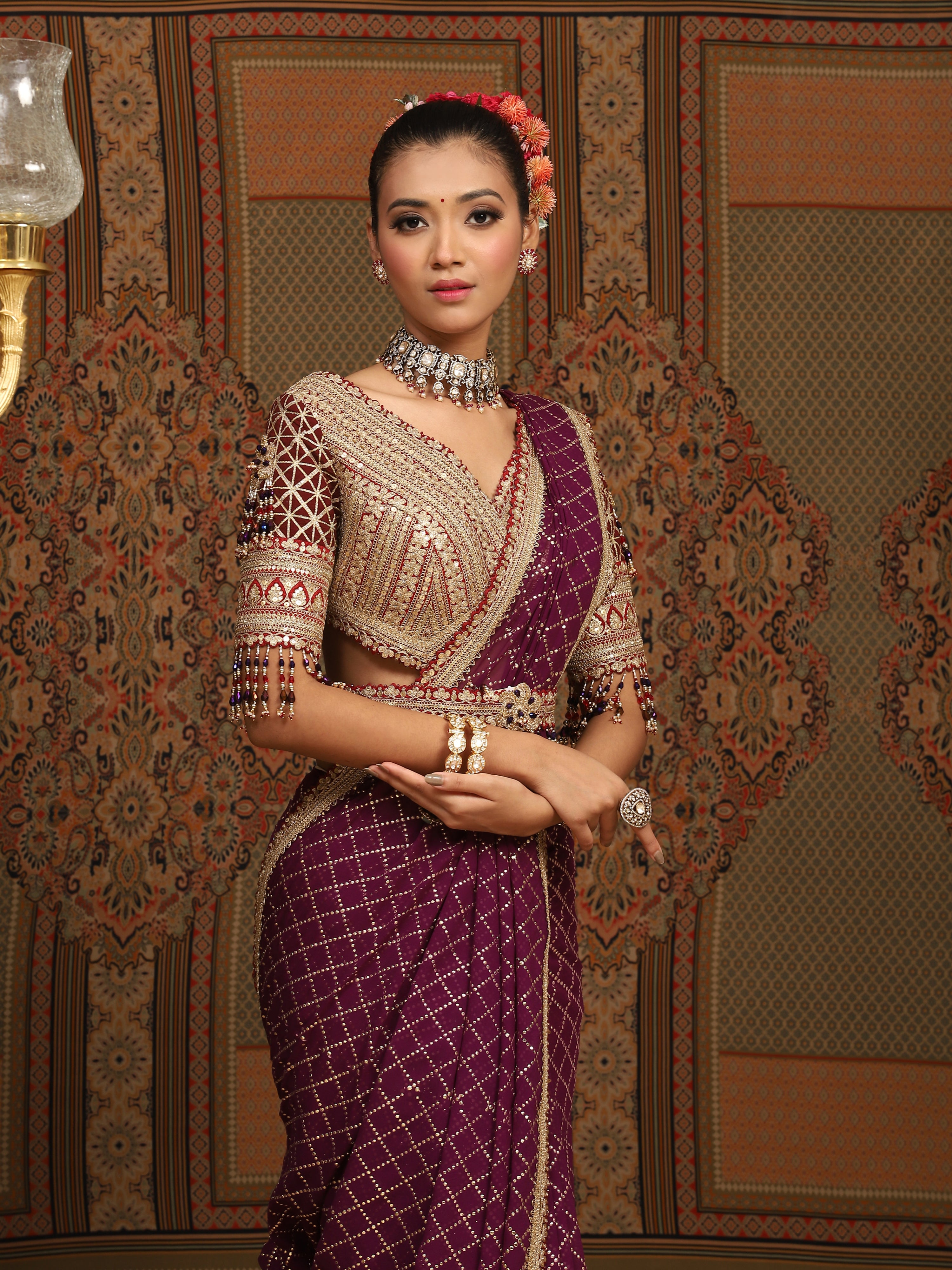 Dark Purple And Maroon Saree & Blouse Set