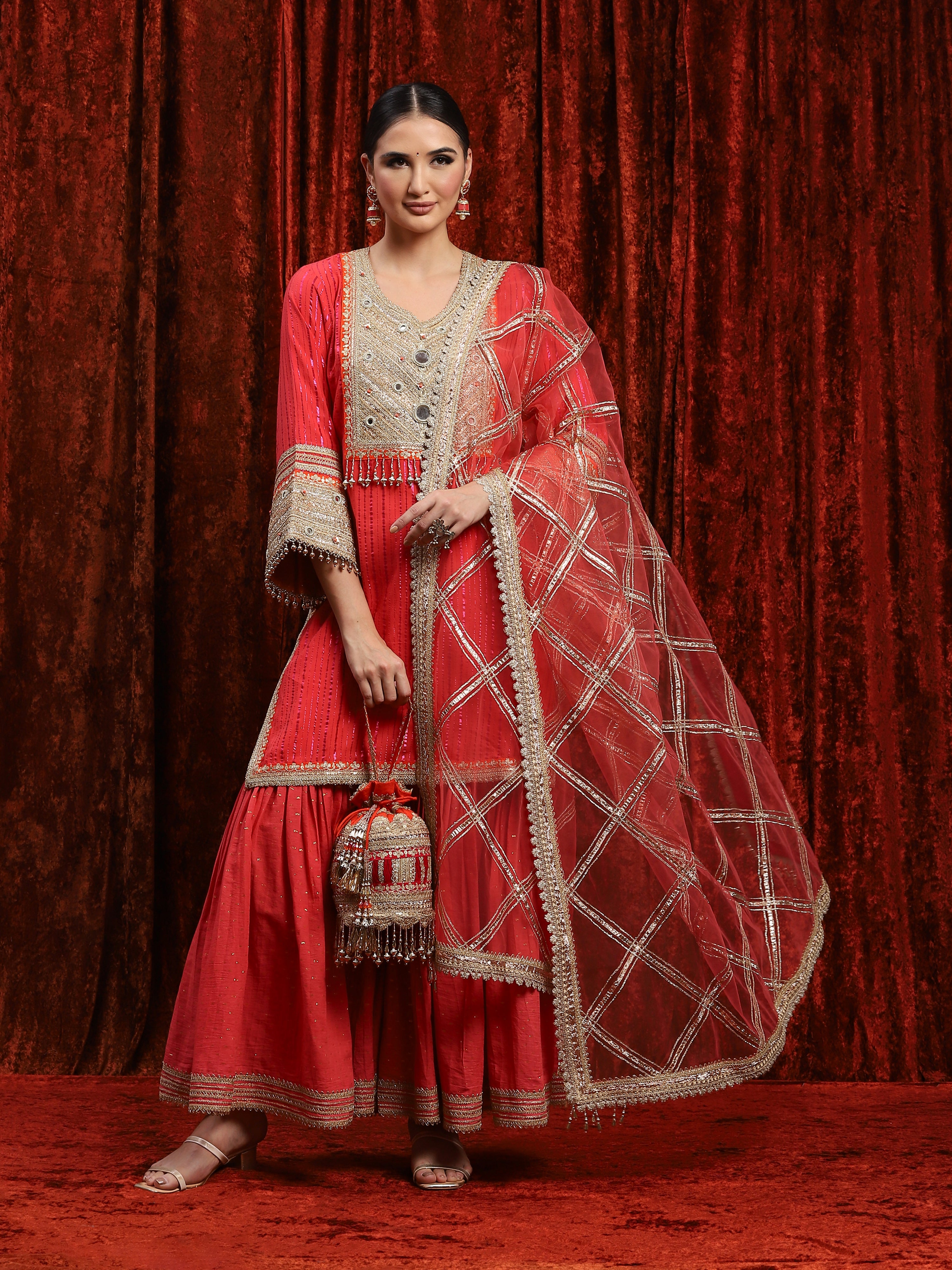 Watermelon Red & & Orange Kurta Sharara Dupatta Set