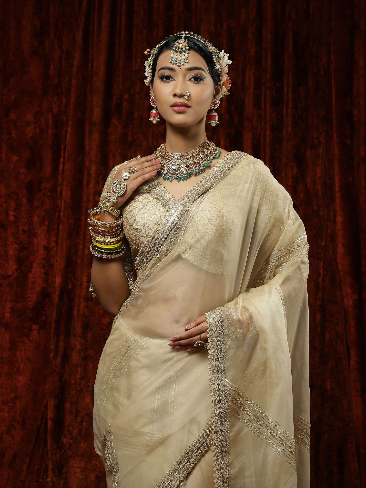 Ivory Organza Gota Leheriya Saree & Blouse Set