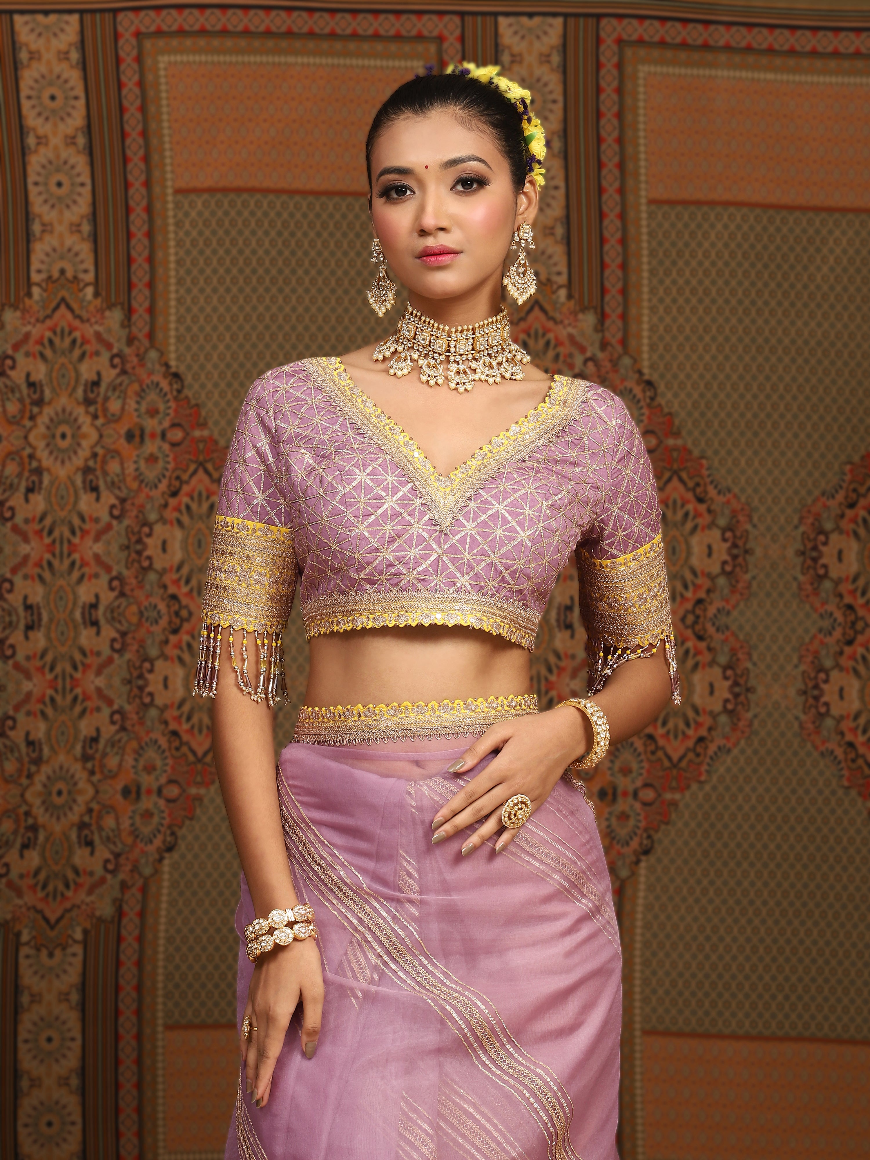 Lavender And Lemon Yellow Saree & Blouse Set