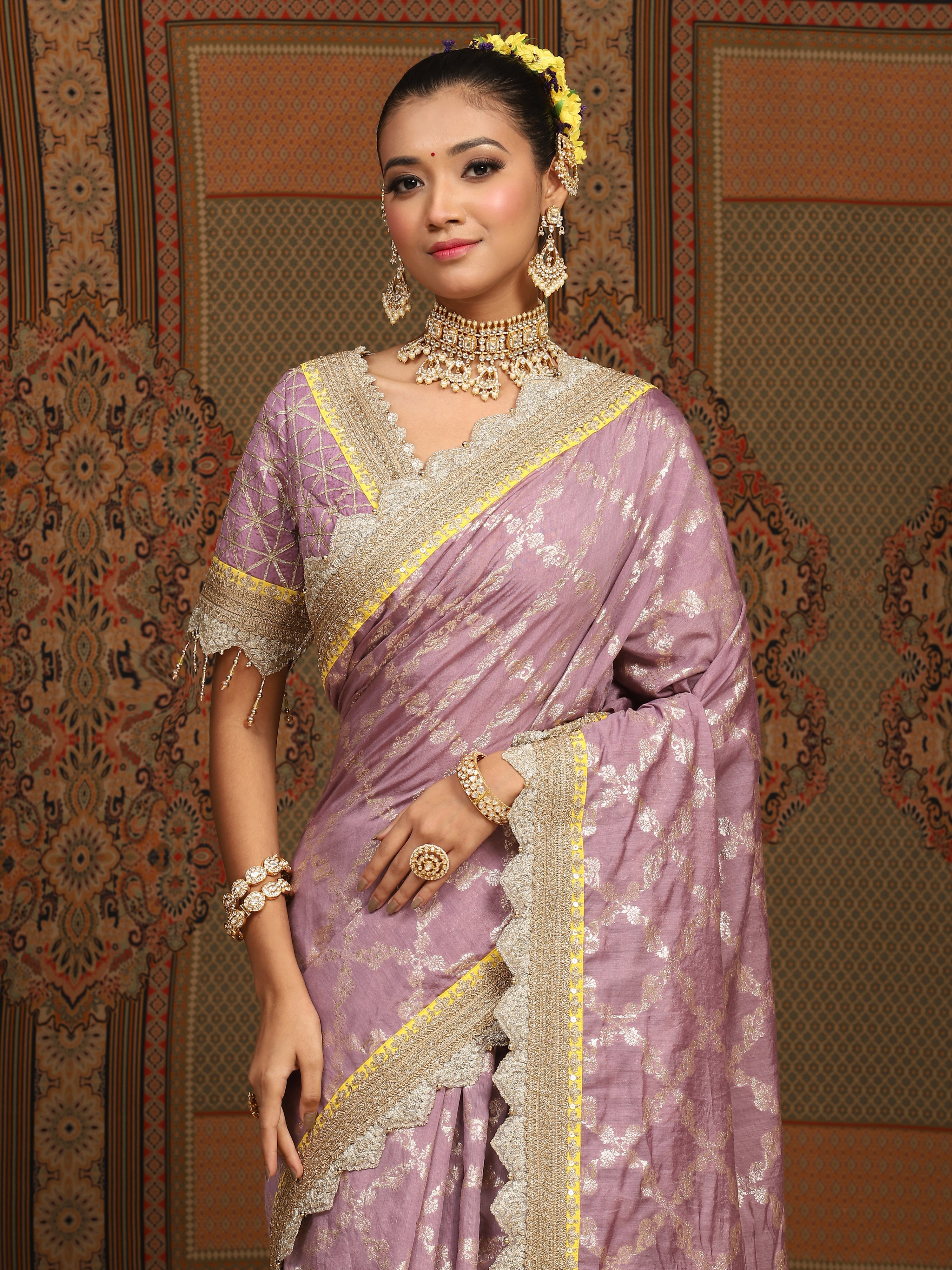 Light Purple And Lemon Yellow Saree & Blouse Set