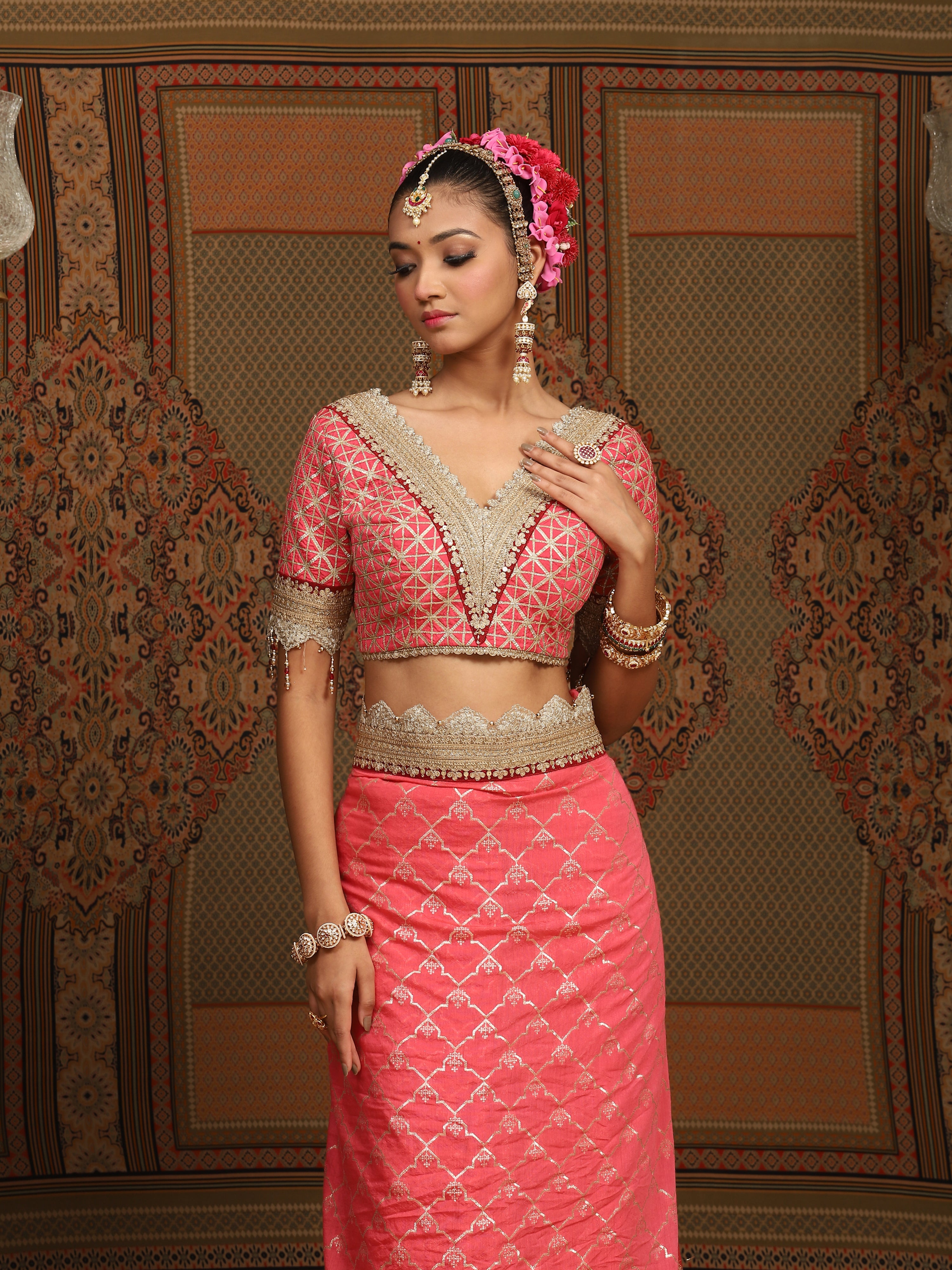 Punch Pink And Maroon Saree & Blouse Set