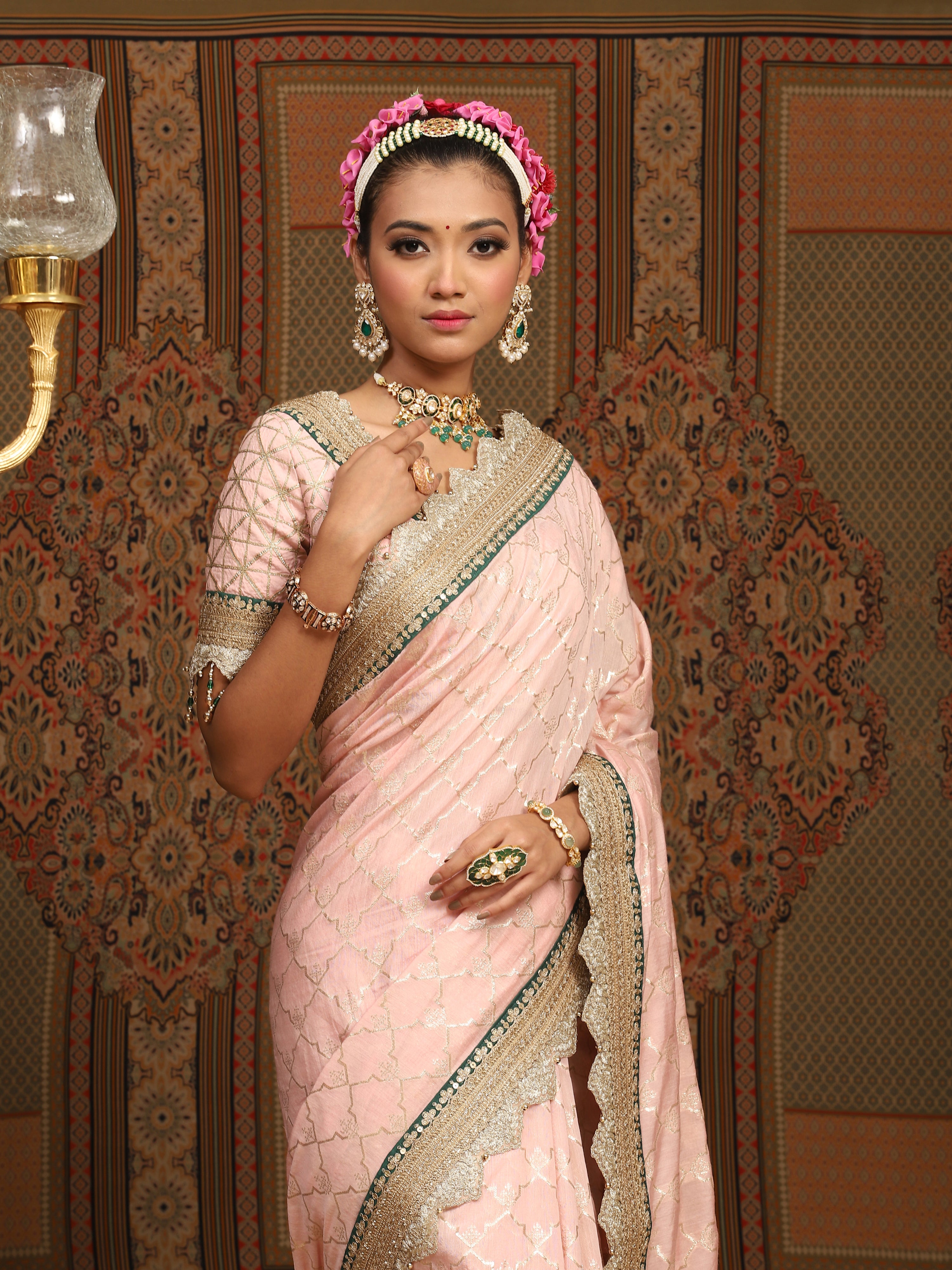 Baby Pink And Emerald Green Saree & Blouse Set