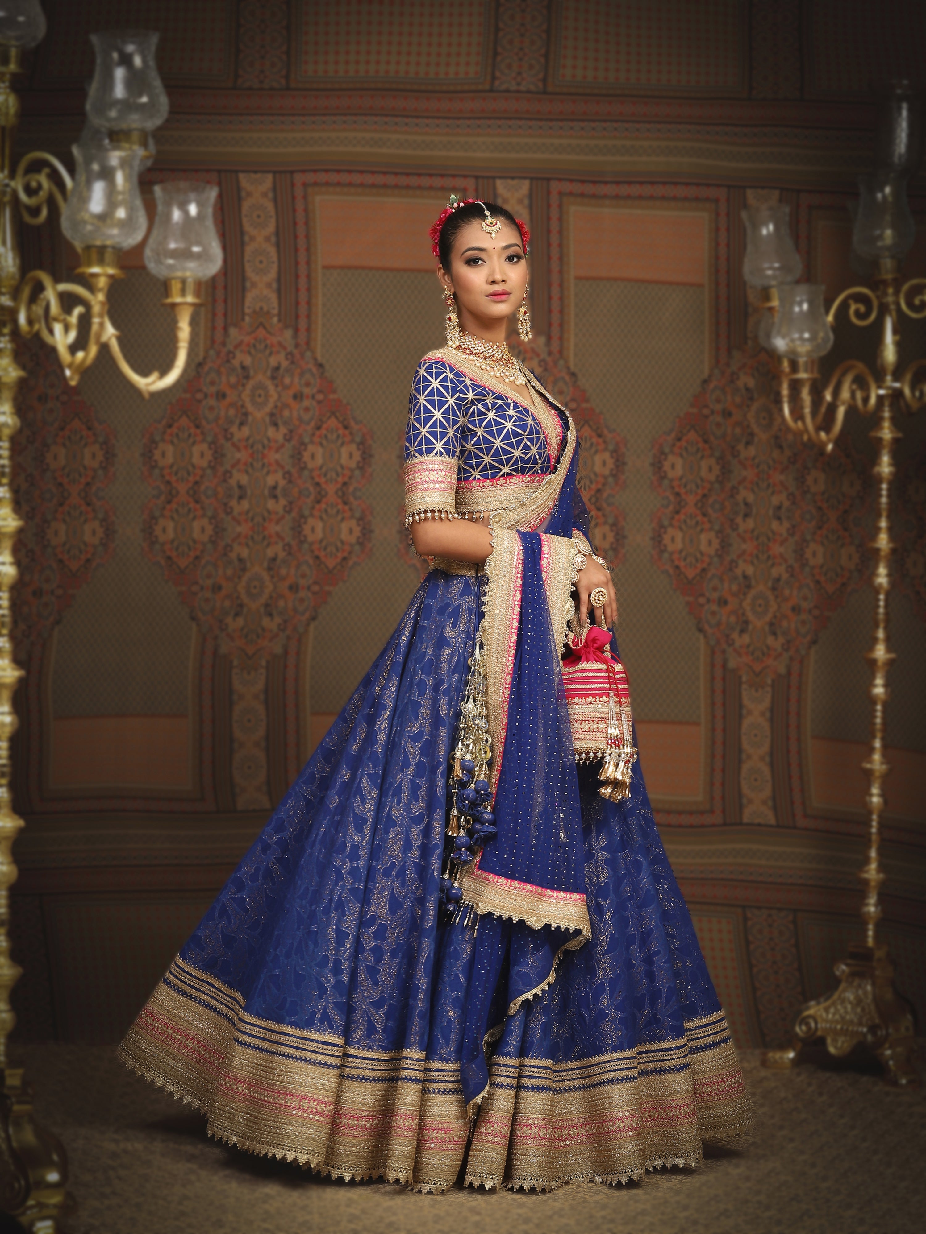 Electric Blue And Rani Pink Lehenga Set