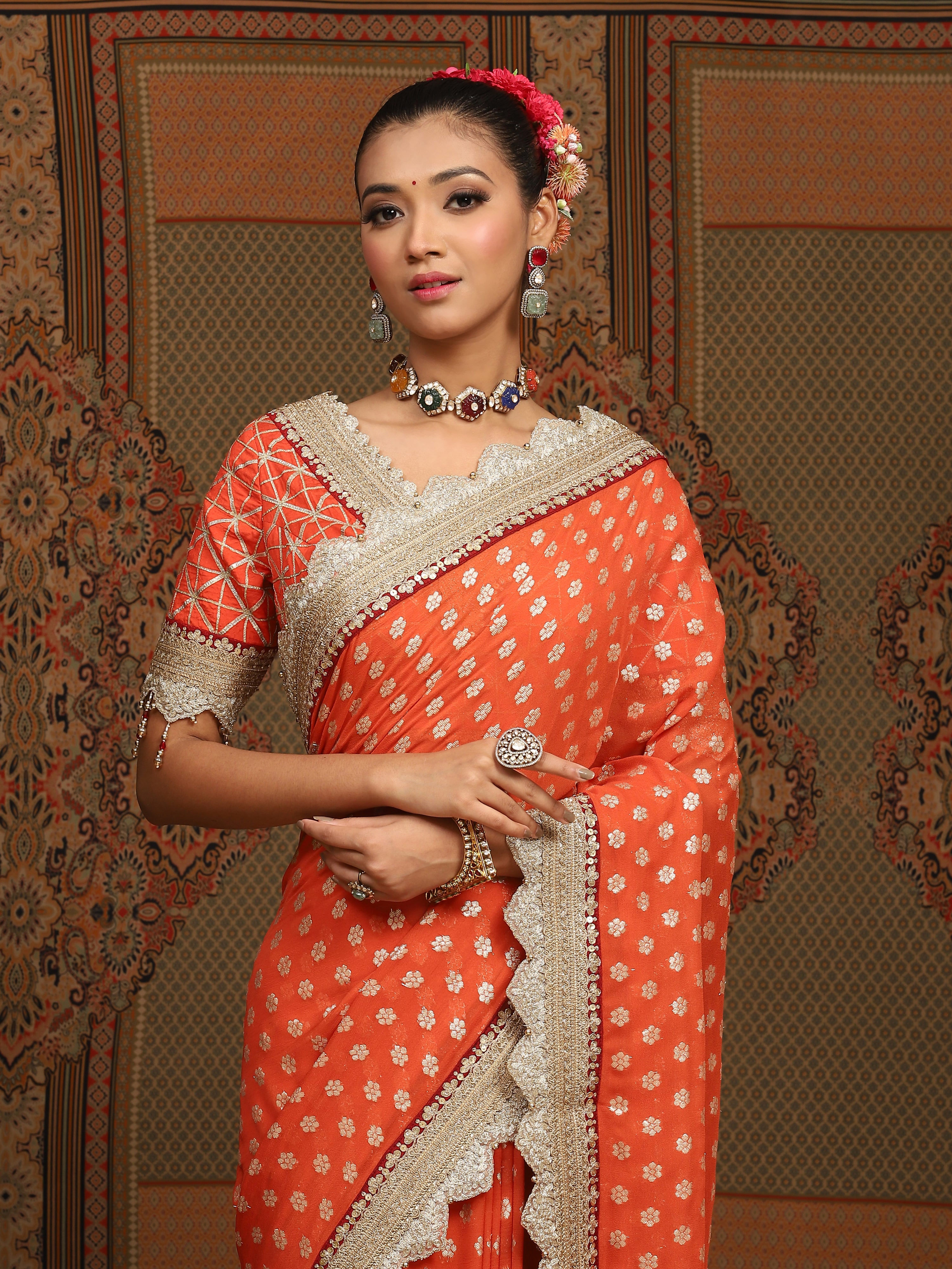 Orange And Maroon Saree & Blouse Set
