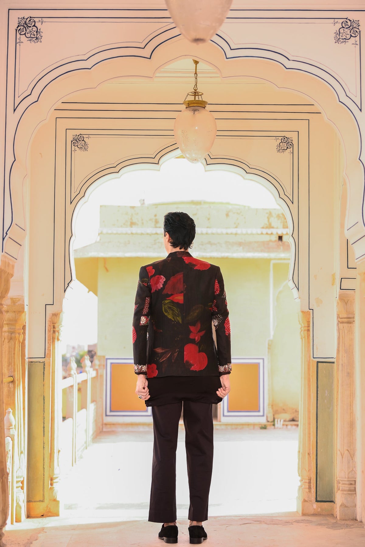 Highlighted Organza Achkan With Black Kurta And Black Flair Pant