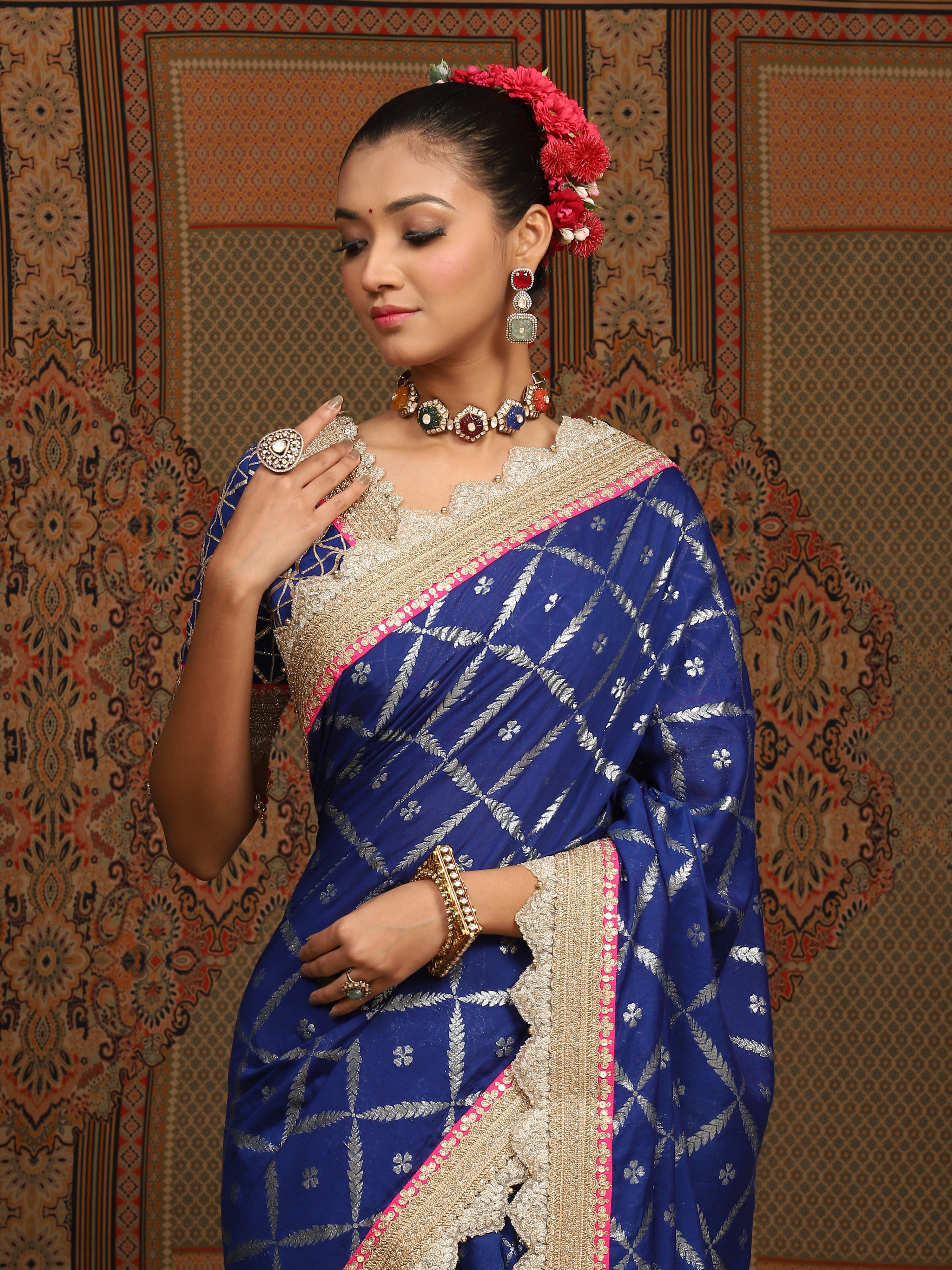 Electric Blue And Rani Pink Saree & Blouse Set