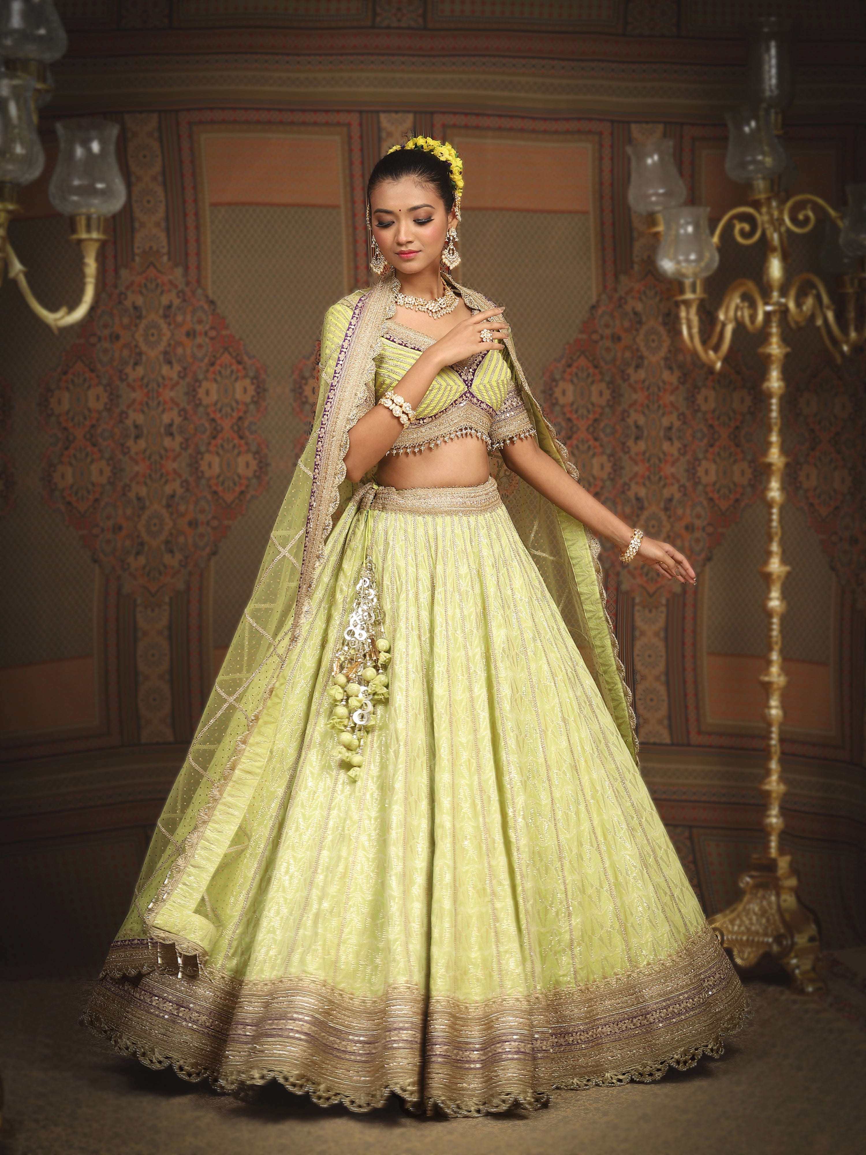 Light Pea Green And Purple Lehenga Set