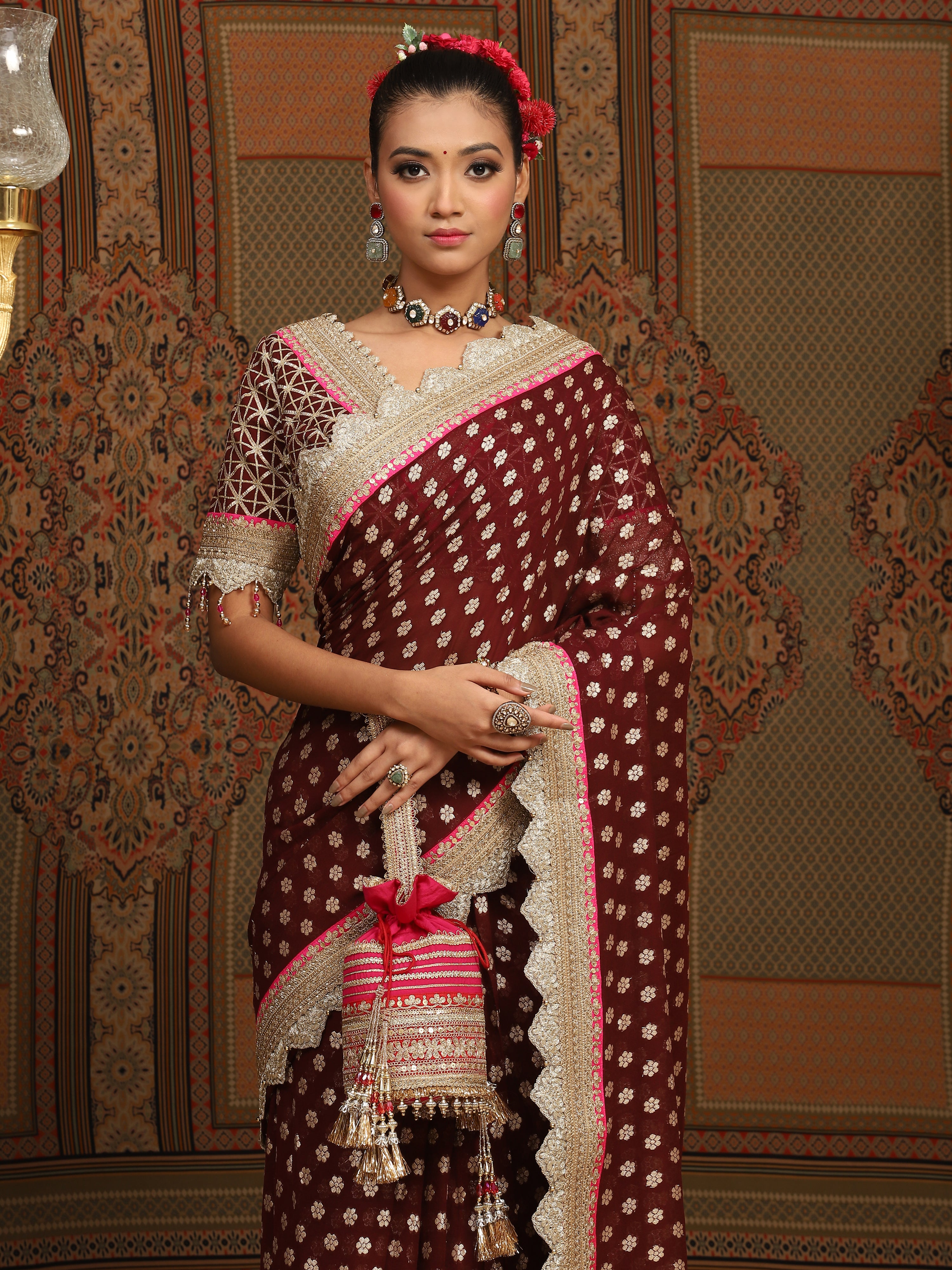 Maroon And Rani Pink Saree & Blouse Set