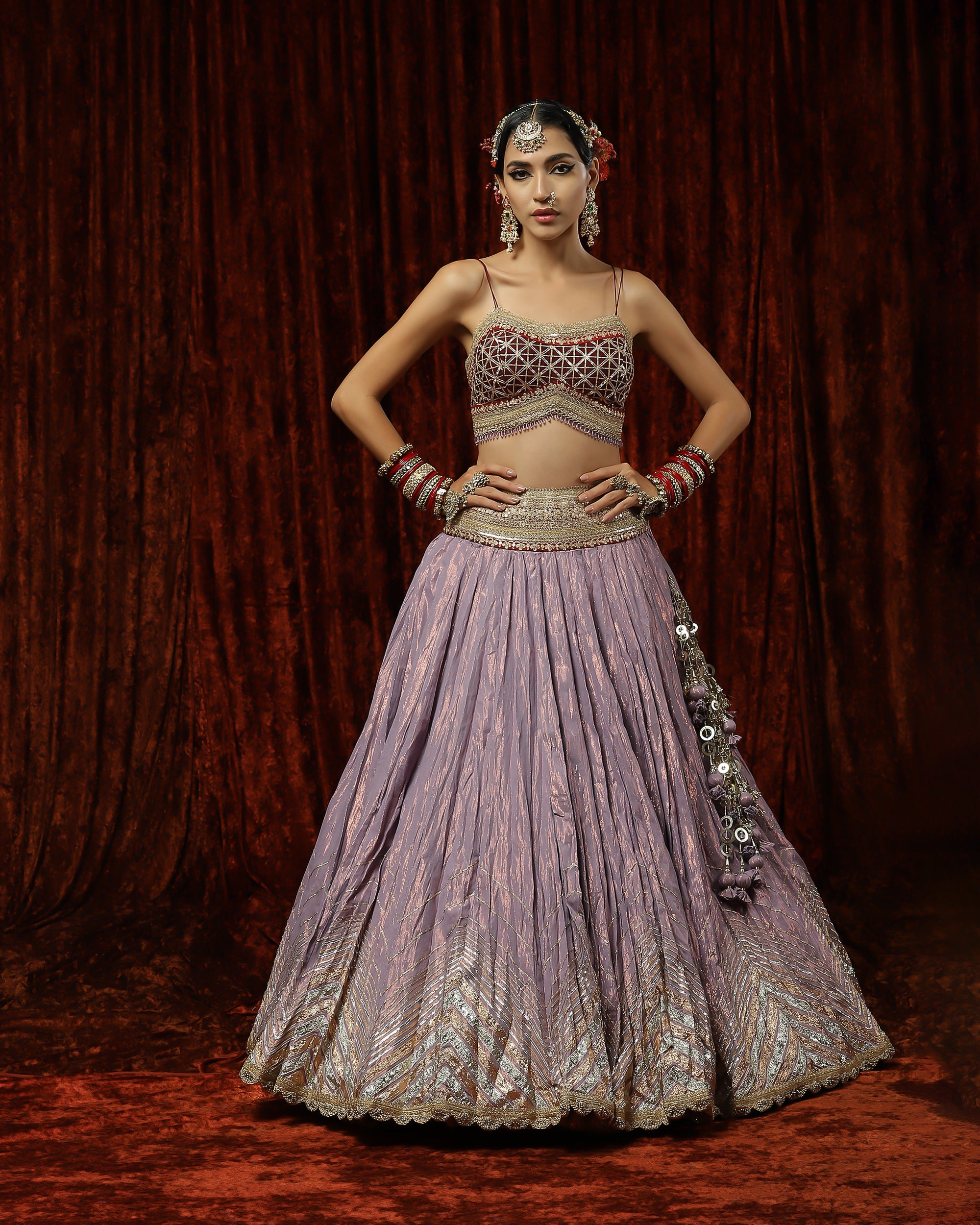 Lavender & Maroon Crinkle Gota Lehenga Set