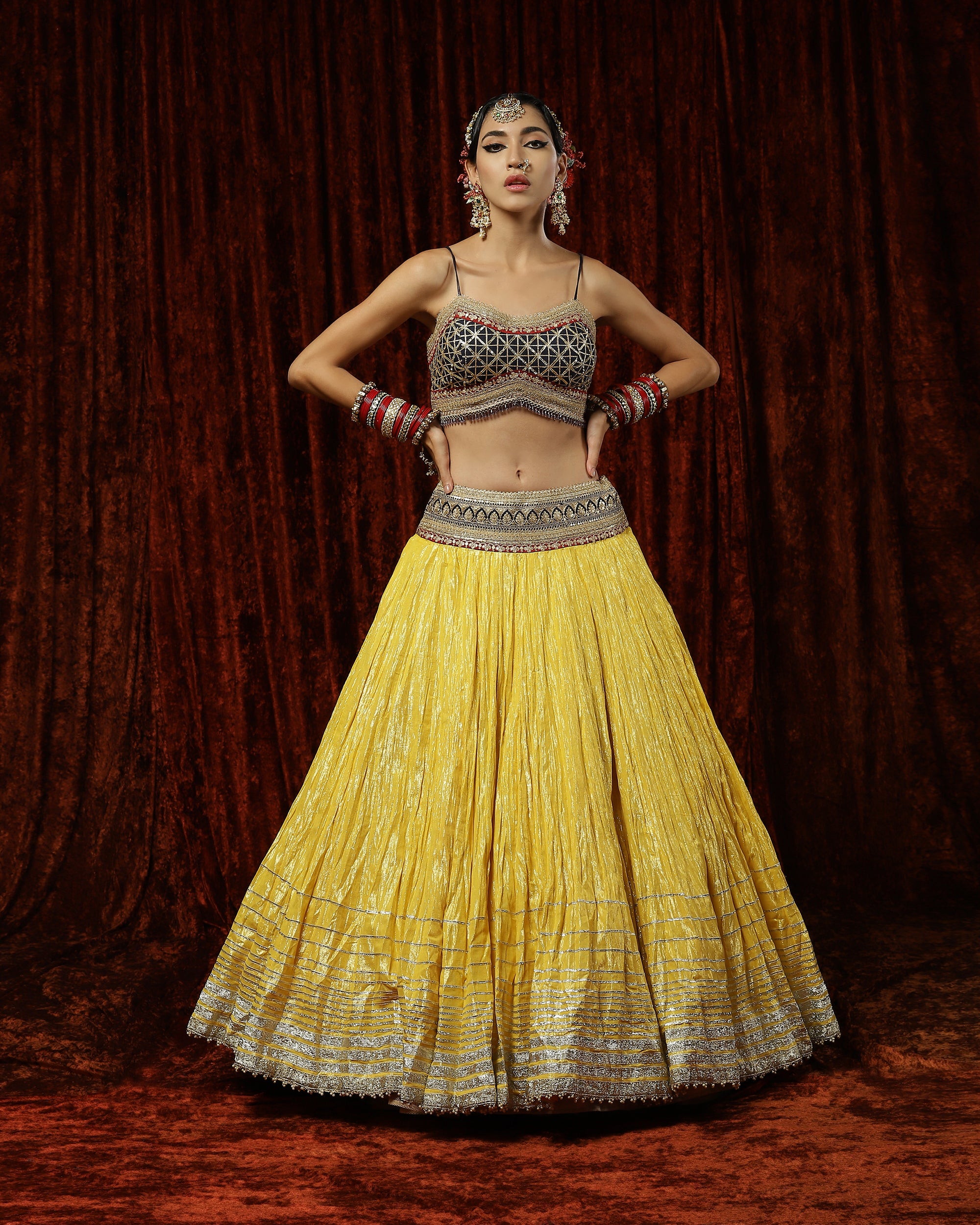 Yellow, Navy Blue & Maroon Crinkle Gota Lehenga Set