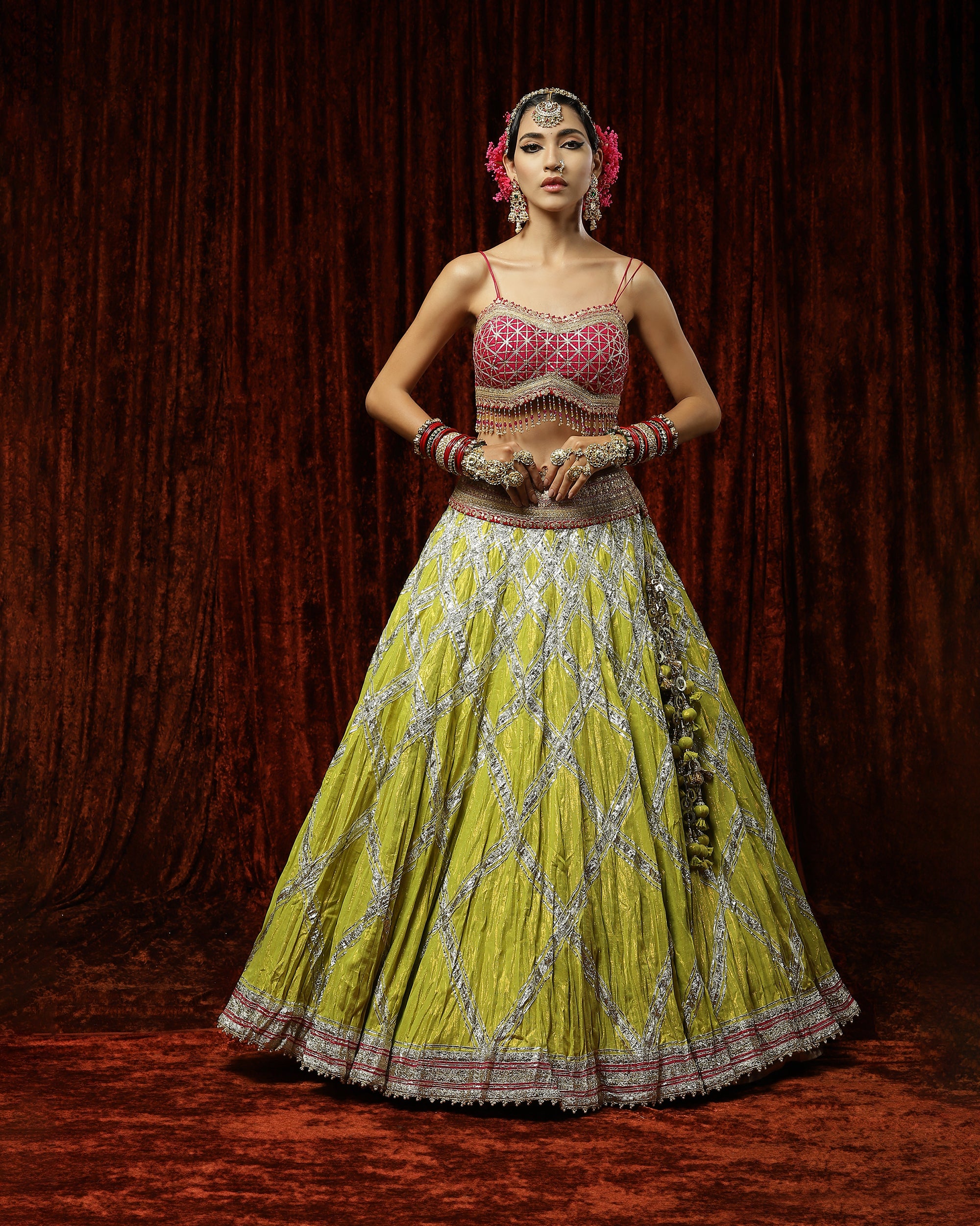 Lemon Green & Magenta Crinkle Gota Lehenga Set