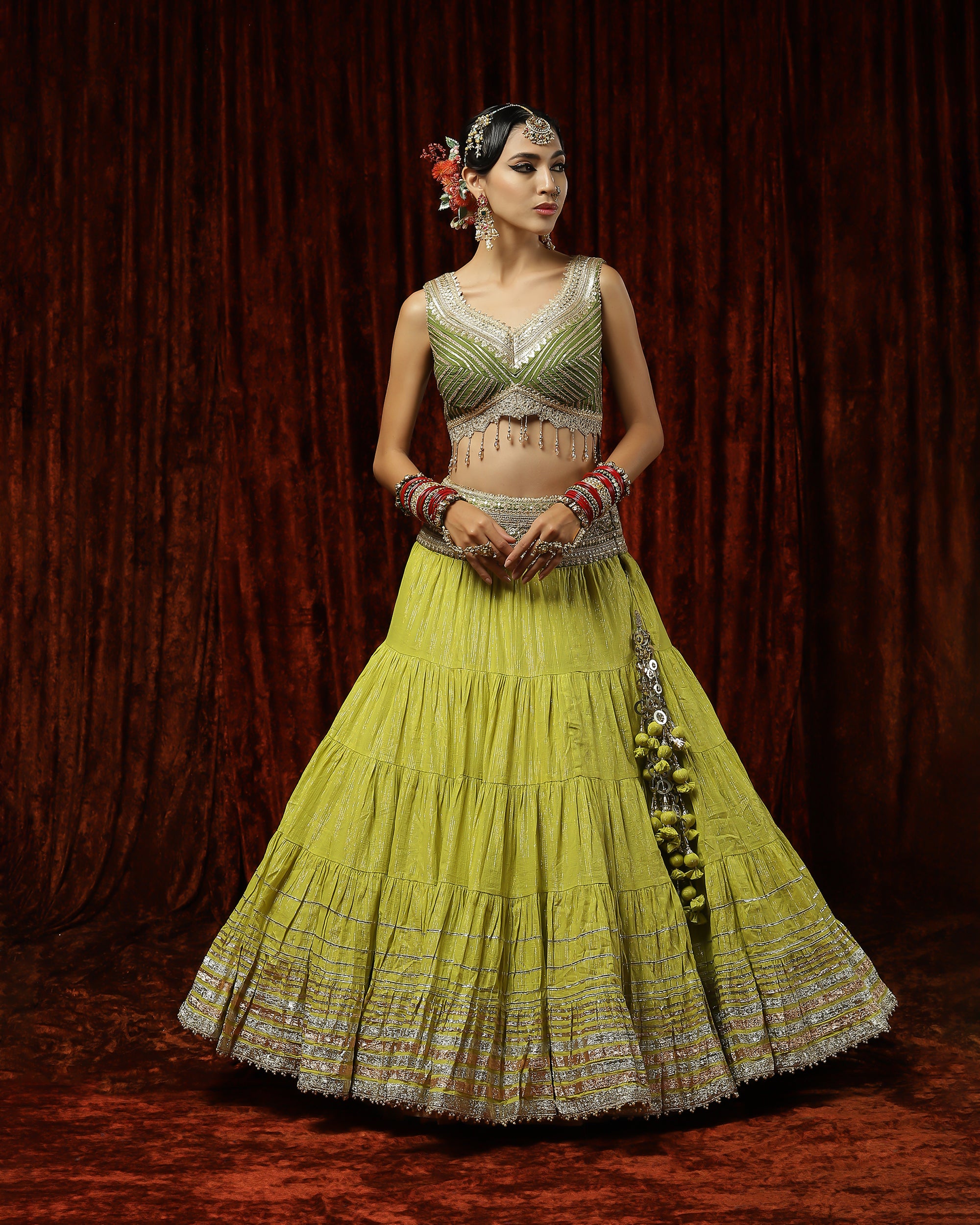 Lemon Green & Olive Crinkle Gota Lehenga Set