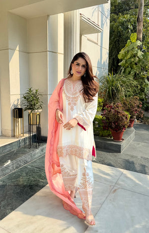Noor Cream Embroidered Set with Organza Dupatta- Inching India