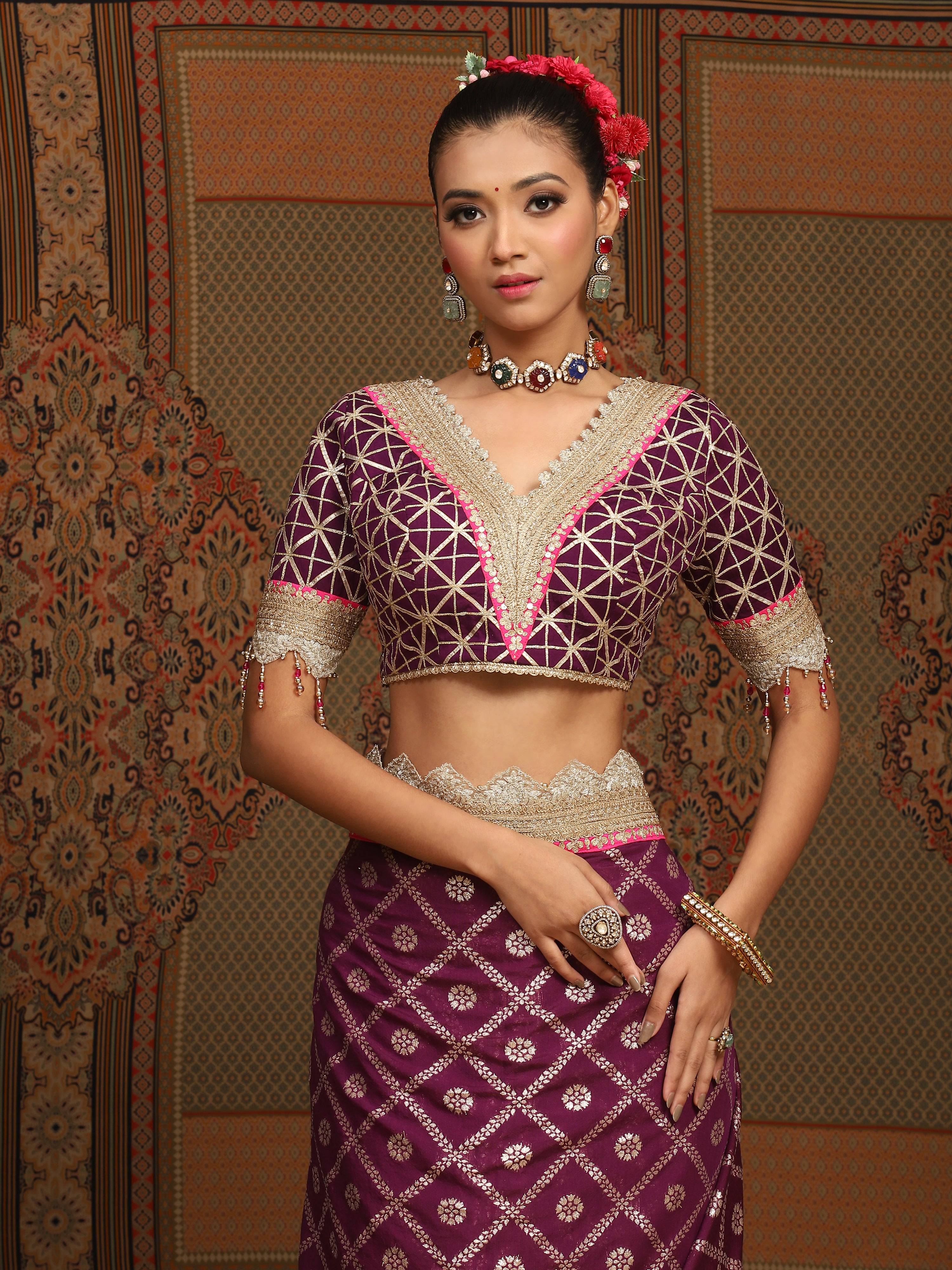 Dark Purple And Rani Pink Saree & Blouse Set