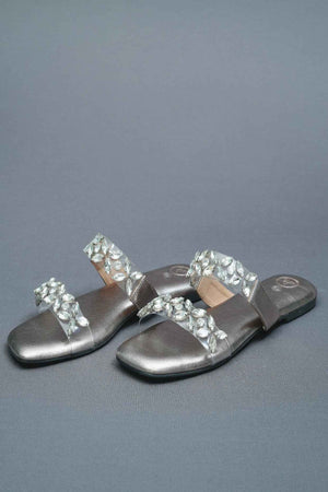 Open Toe Faux Leather Silver Carats Flats