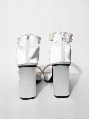 White Open Toe Narrow Fit Kushi Pearls Elevated Heels