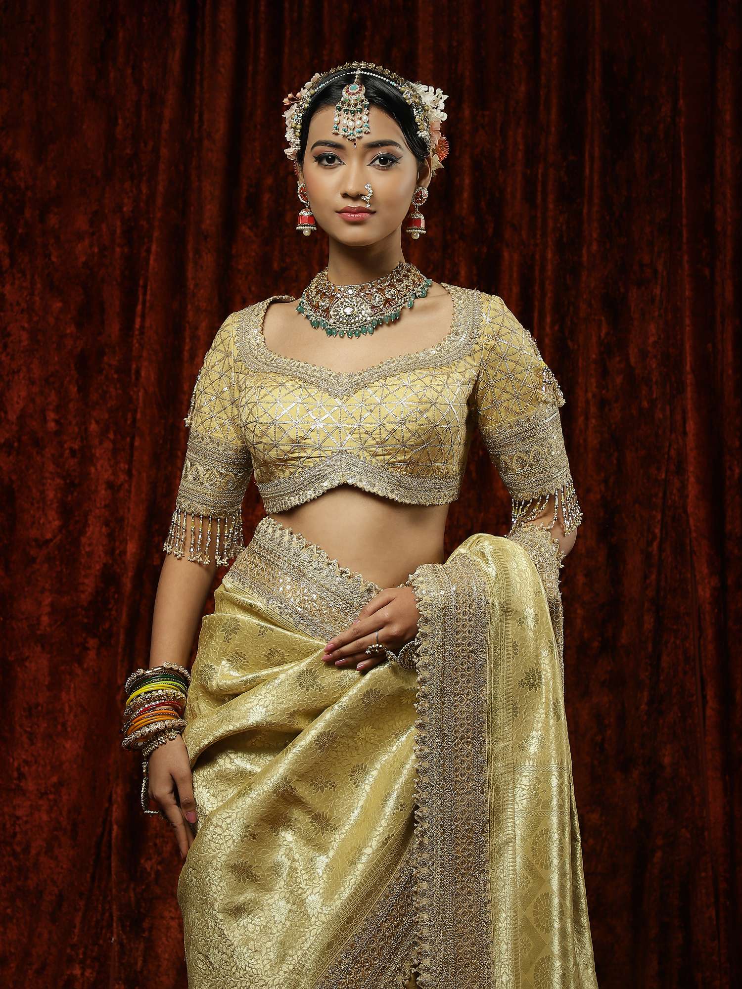 Golden Banarasi Saree, Blouse & Belt Set