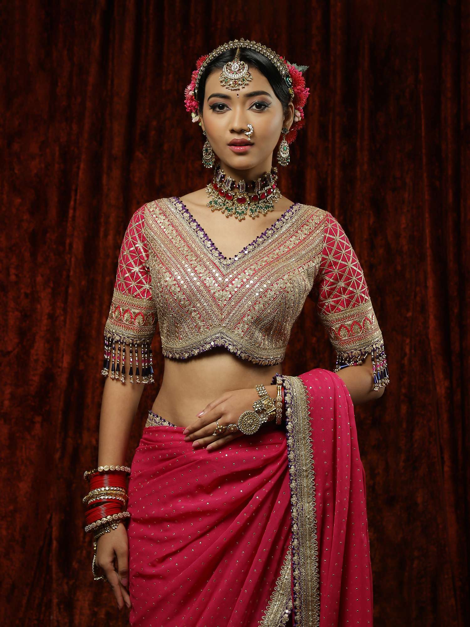 Rani & Purple Saree & Blouse Set
